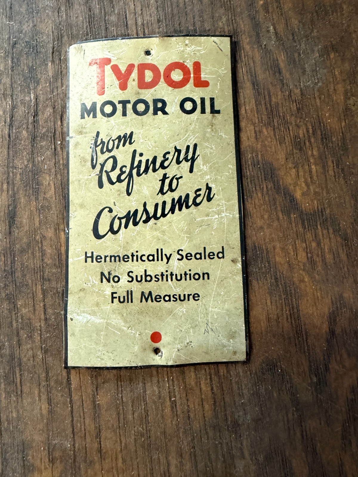 Vintage 1920s-30s Tydol Motor Oil Metal Advertising Refinery to Consumer 3-3/8" Vintage 1920s-30s Tydol Motor Oil Metal Advertising Refinery to Consumer 3-3/8"