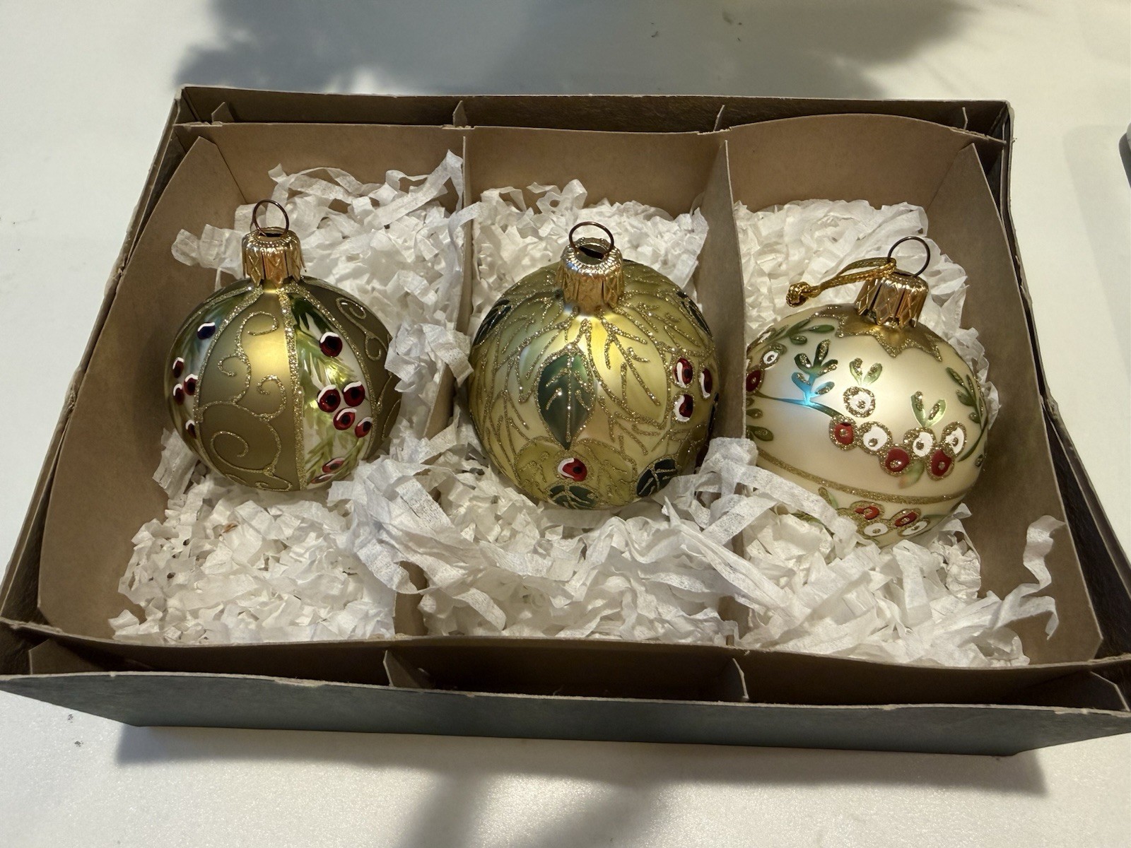 NIB *3*  VTG HAND-PAINTED GLASS ORNAMENTS "GILDED BERRIES" 2.5"`~MADE IN POLAND