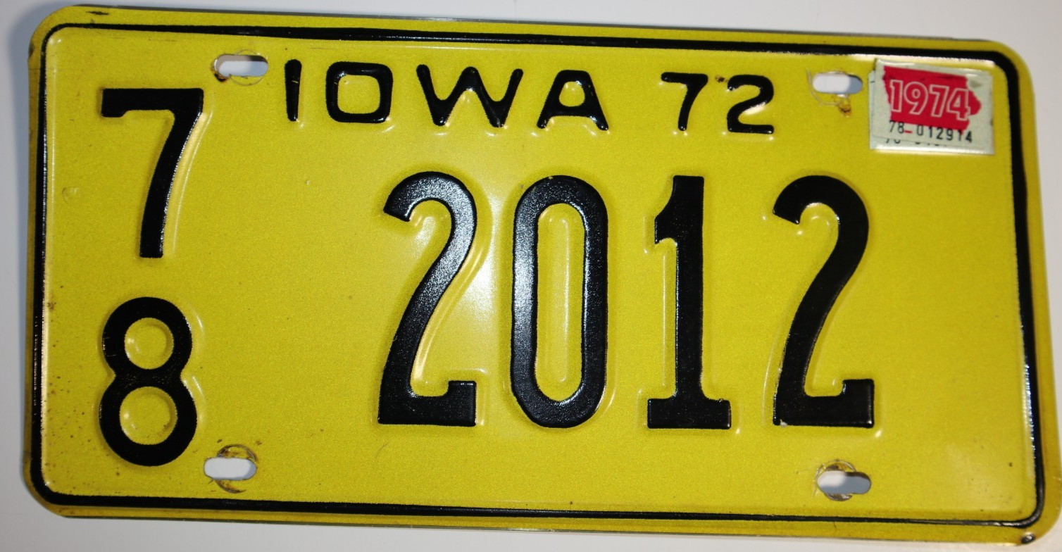 Vintage 1972 Iowa License Plate 78-2012 Yellow Black w/ 1974 Decal Sticker Vintage 1972 Iowa License Plate 78-2012 Yellow Black w/ 1974 Decal Sticker