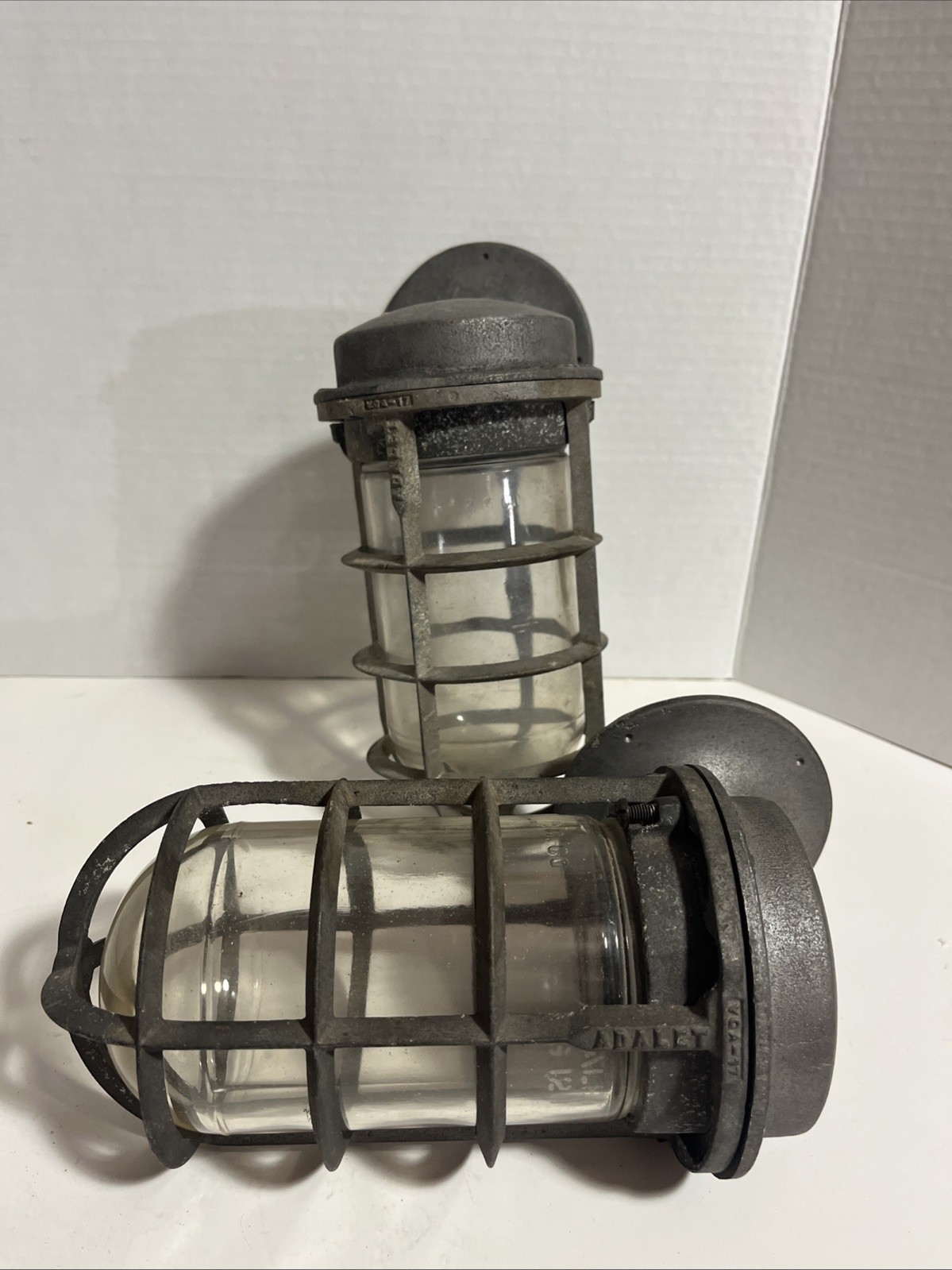 2 Vintage INDUSTRIAL Cage LIGHT Fixture Explosion Proof ADALET W/ Glass GLOBE 2 Vintage INDUSTRIAL Cage LIGHT Fixture Explosion Proof ADALET W/ Glass GLOBE