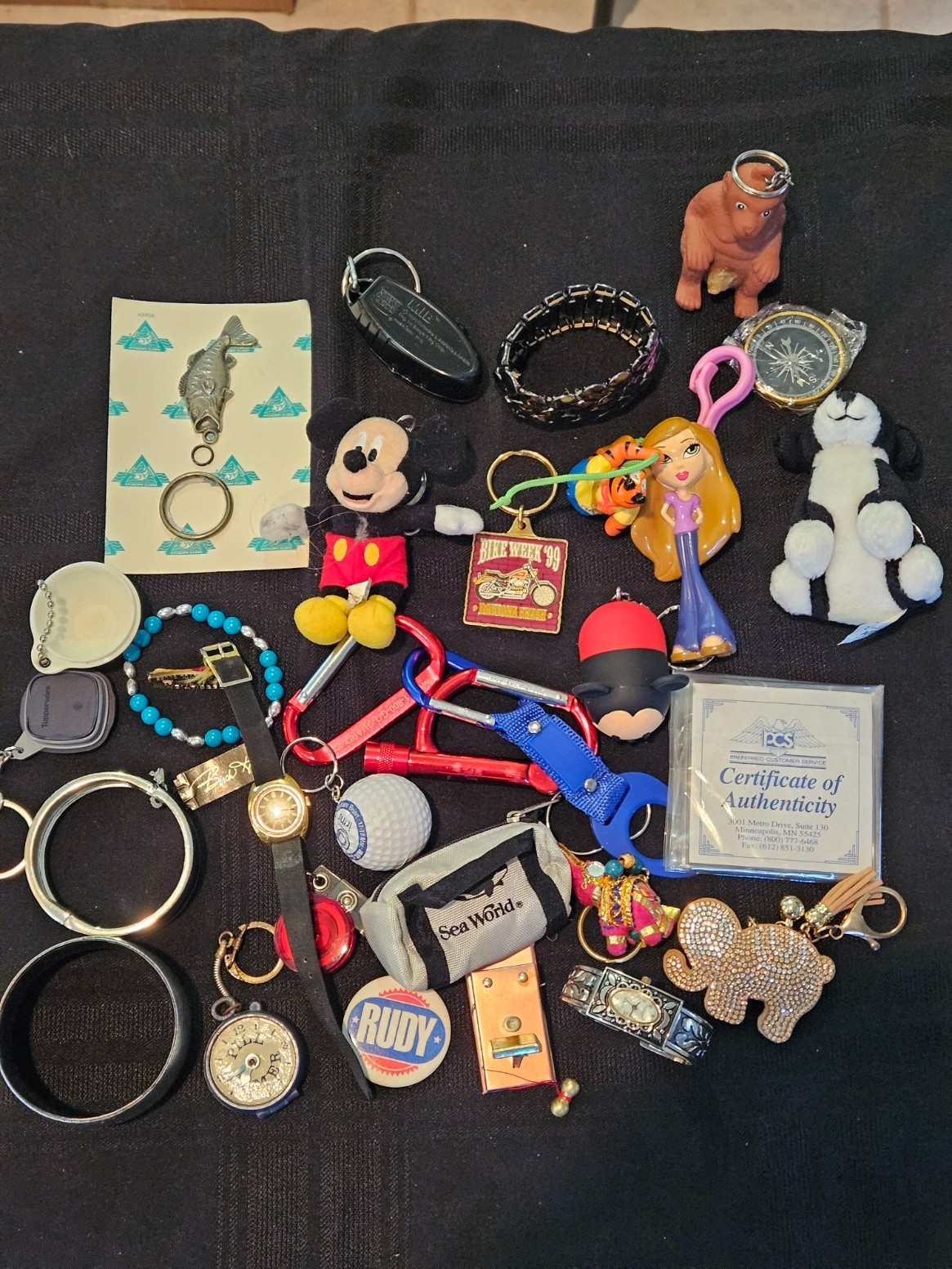 Vintage Junk Drawer Lot Daytona Bike Week 99 Brass Tag Timex Watch Rudy Pin