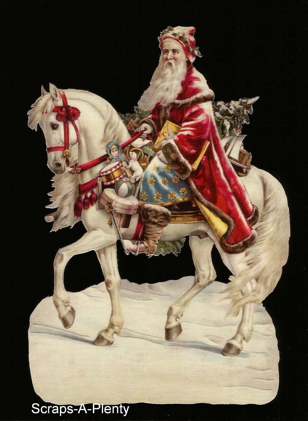 German Embossed Scrap Die Cut - Large Christmas Santa On Horse BK5124 German Embossed Scrap Die Cut - Large Christmas Santa On Horse BK5124