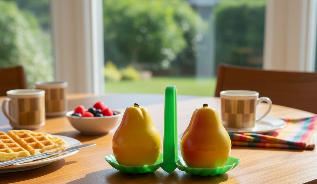 Vintage MCM Plastic Pear Fruit Salt Pepper Shakers Caddy Kitchen Kitsch
