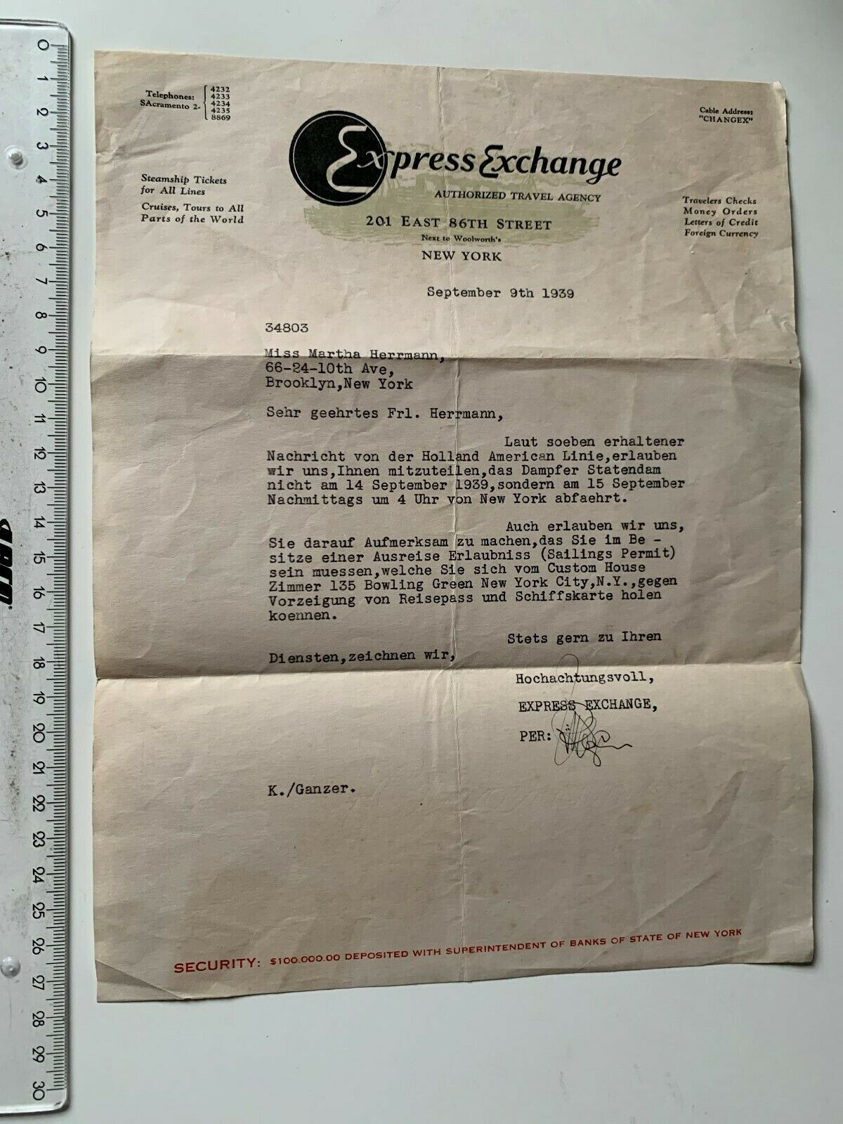 1939 Travel-Fa. Express Exchange New York USA Ship Steamer Holland American Line 1939 Travel-Fa. Express Exchange New York USA Ship Steamer Holland American Line