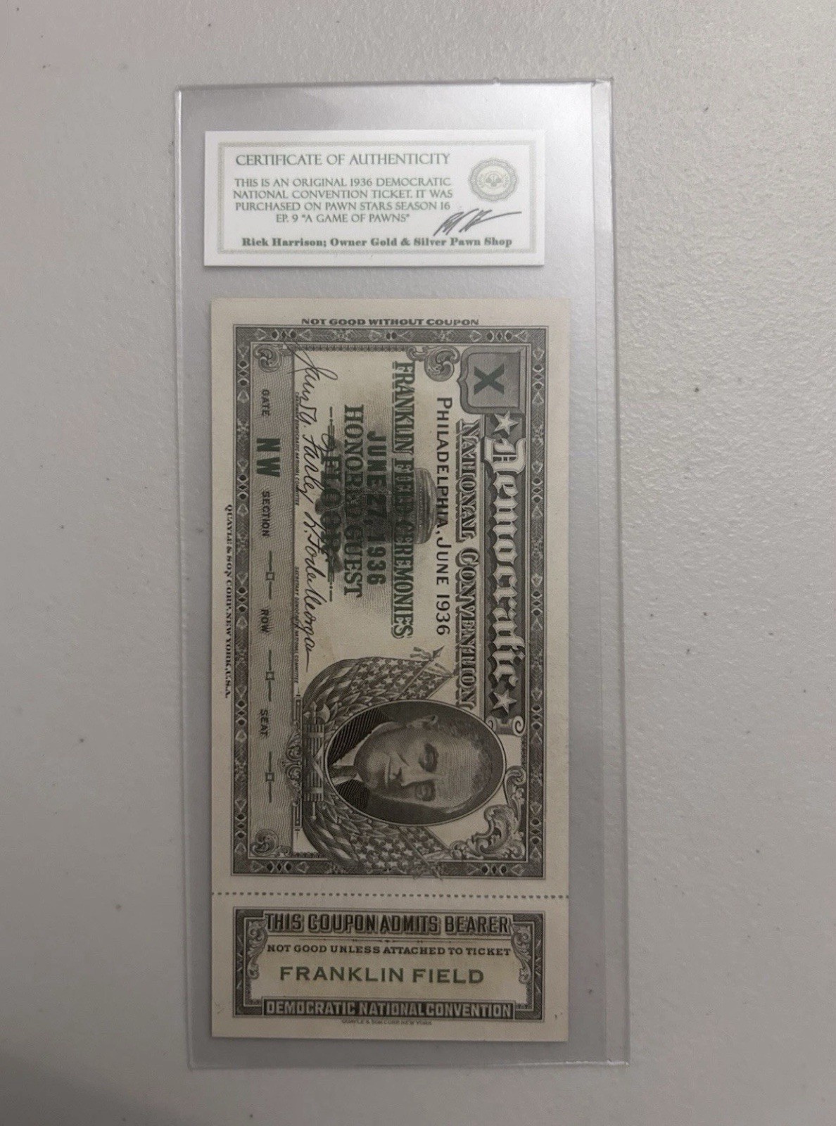 Original 1936 democratic national convention ticket. (ORIGINAL FROM PAWN STARS) Original 1936 democratic national convention ticket. (ORIGINAL FROM PAWN STARS)