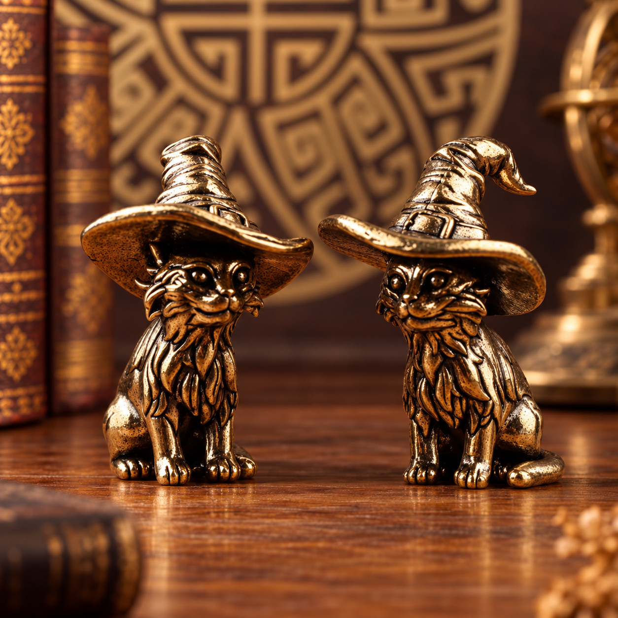 Mini CUTE Brass Wizard Cat Statue Ornament Animal Collectible Witch Halloween