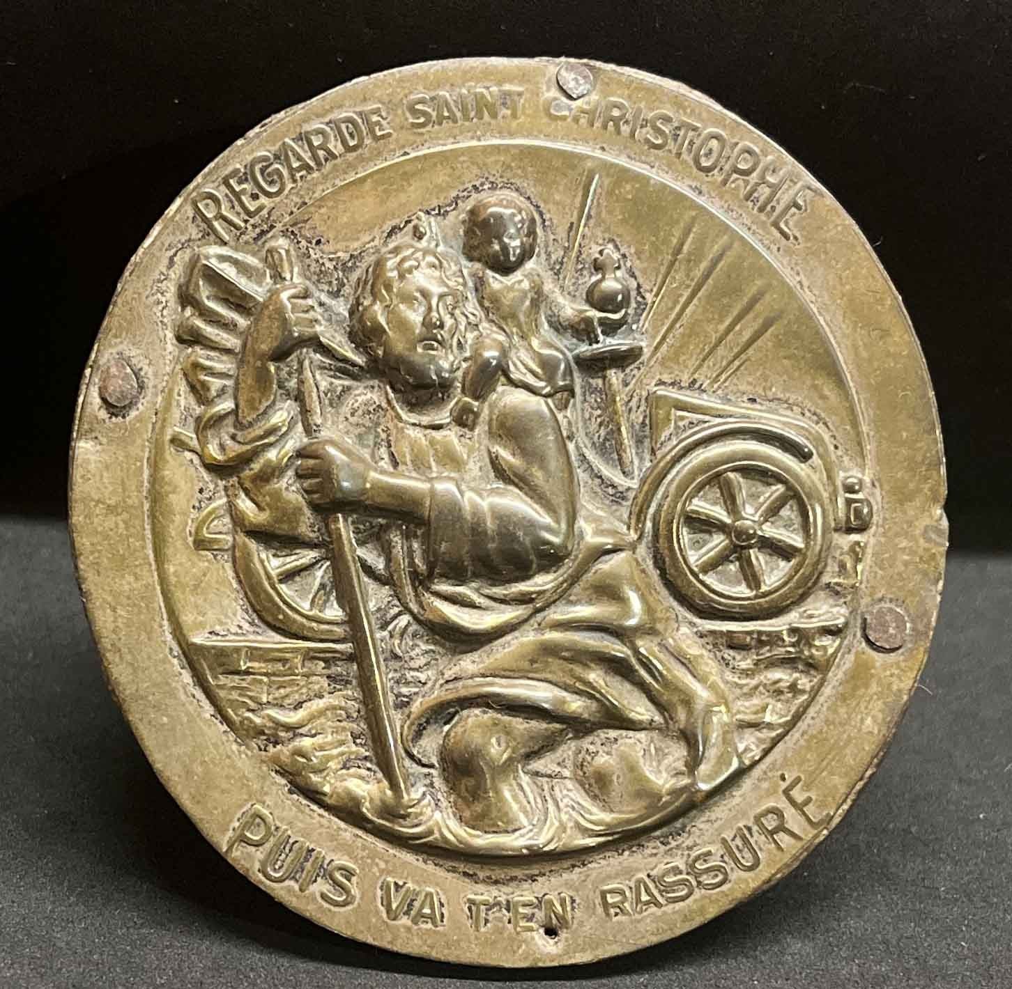 France 1920´ old car badge St Christopher protector drivers high relief, amazing France 1920´ old car badge St Christopher protector drivers high relief, amazing