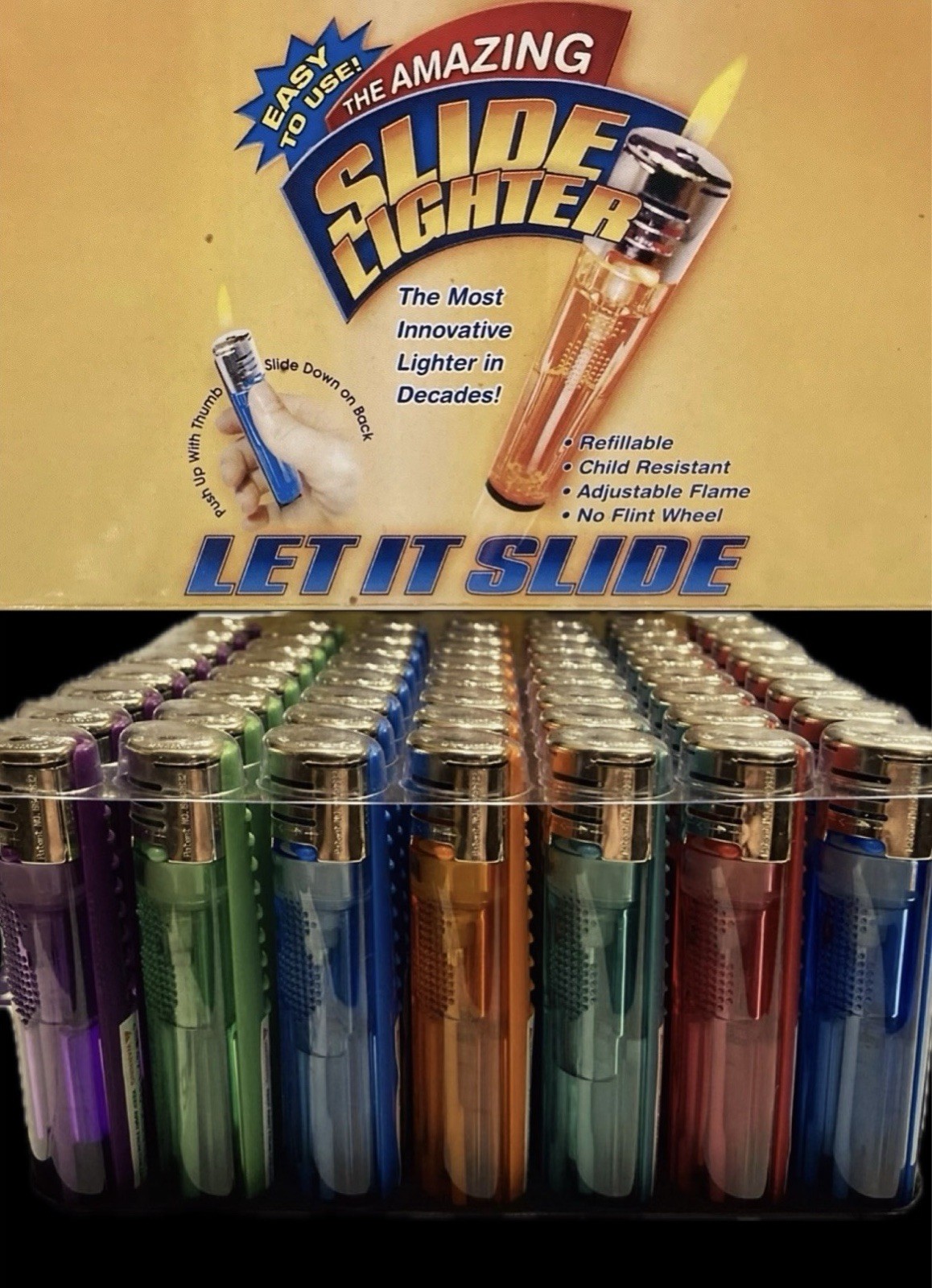 FULL CASE of 56 Amazing Slide Lighters Electronic Adjustable Flame Refillable FULL CASE of 56 Amazing Slide Lighters Electronic Adjustable Flame Refillable