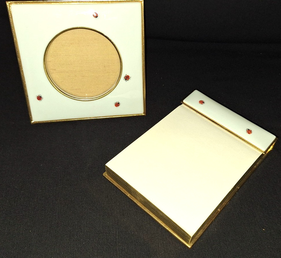 LOT OF 2 VTG LADYBUG FRENCH LIMOGES PORCELAIN NOTEPAD & PHOTO ART FRAME DESK SET