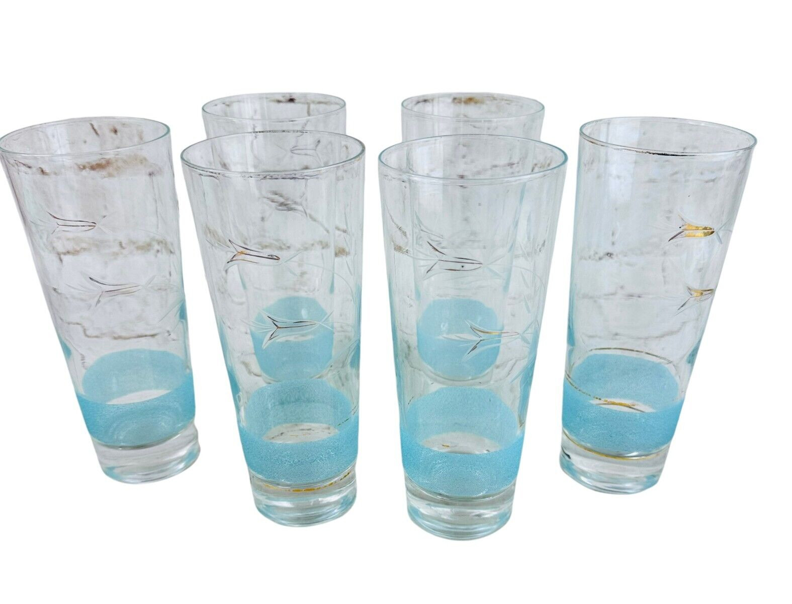 6 vtg MCM cocktail glasses clear glass w turquoise & gold accents bareware 6 vtg MCM cocktail glasses clear glass w turquoise & gold accents bareware