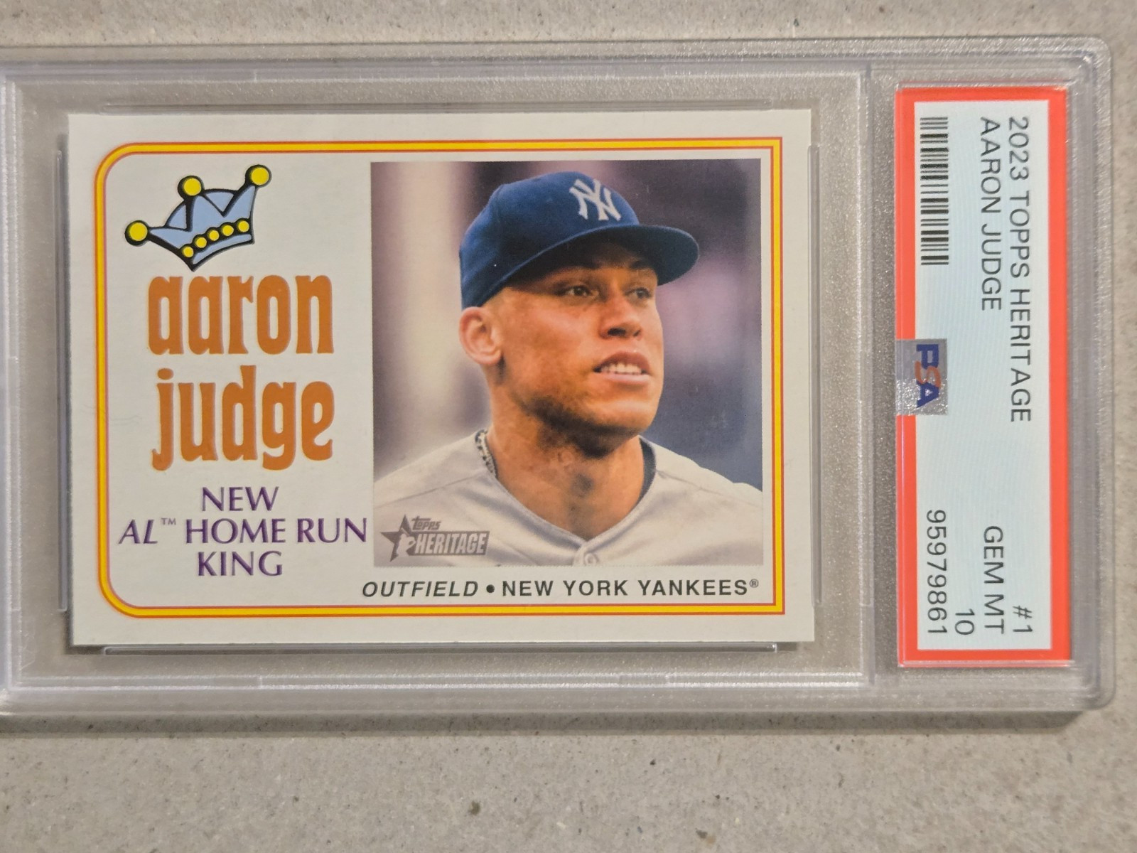 2023 TOPPS HERITAGE AARON JUDGE #1 HOME RUN KING CARD PSA 10 GEM MINT 2023 TOPPS HERITAGE AARON JUDGE #1 HOME RUN KING CARD PSA 10 GEM MINT