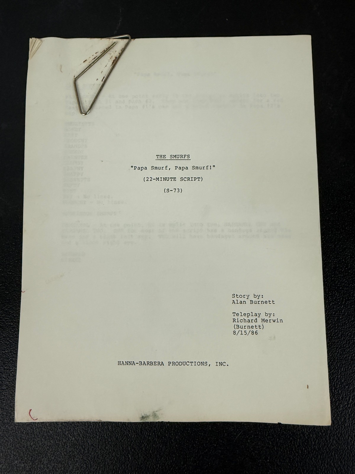 The Smurfs Original Script 1986 Papa Smurf Papa Smurf Hanna-Barbera Alan Burnett