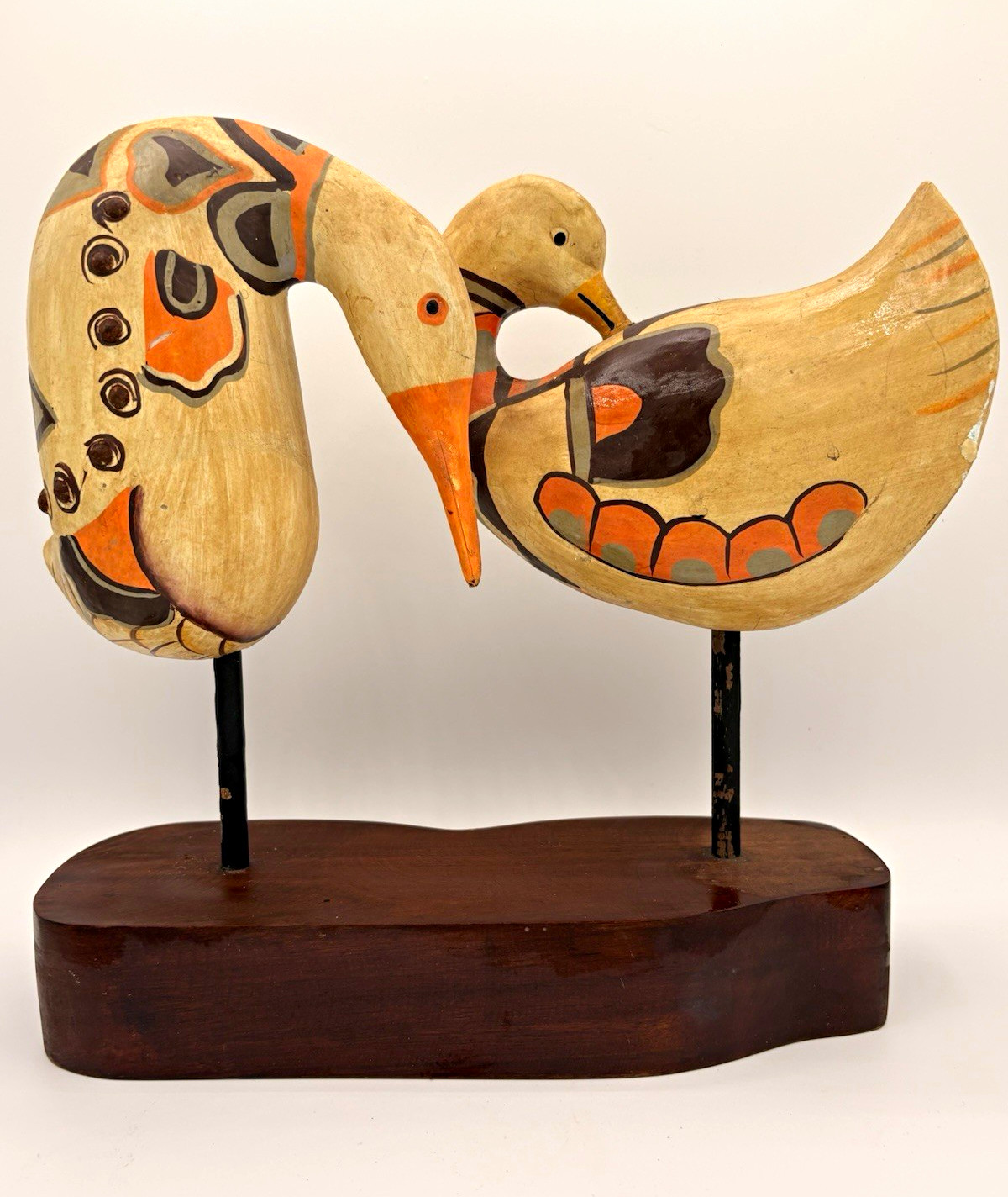 Vintage 1970s Hand-Painted Carved Wood Bird Sculpture on Stand, Approx: 11” tall