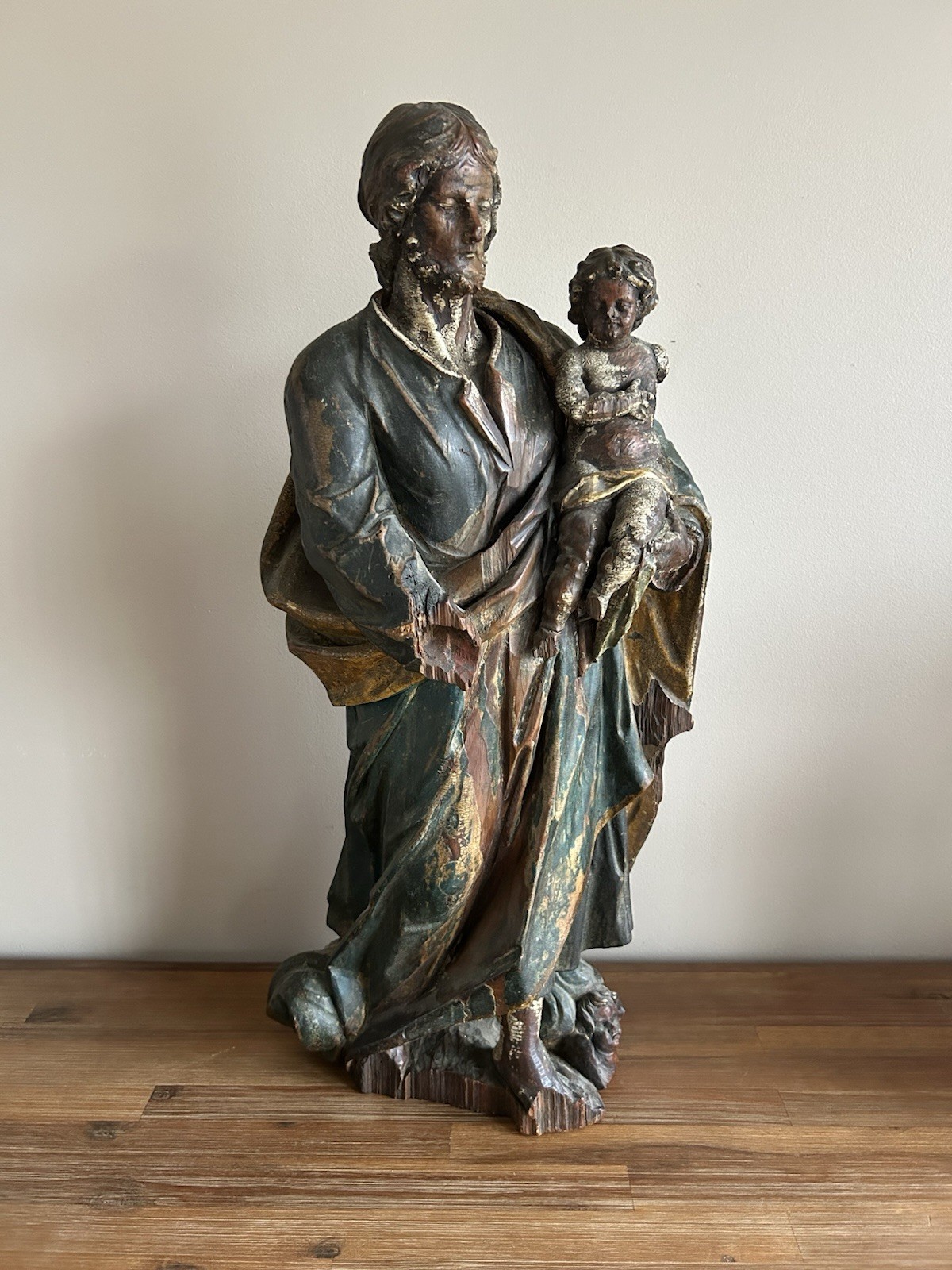Large Early Antique 17th/18th Century Polychrome Carved Wood Statue Joseph Jesus Large Early Antique 17th/18th Century Polychrome Carved Wood Statue Joseph Jesus