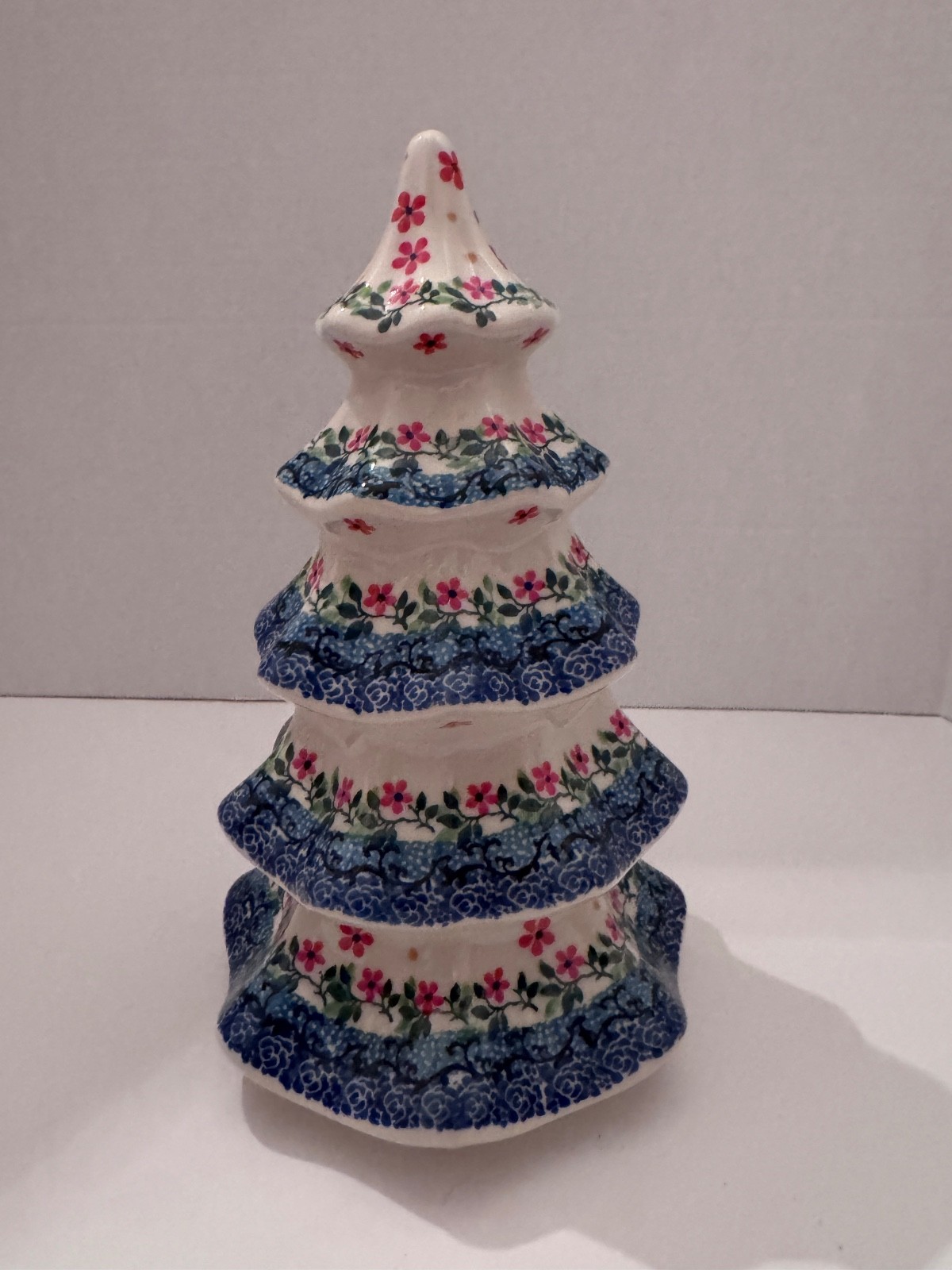 Boleslawiec Polish Pottery 9.5” Ceramic Christmas Tree Floral Blue Pink Made Pol