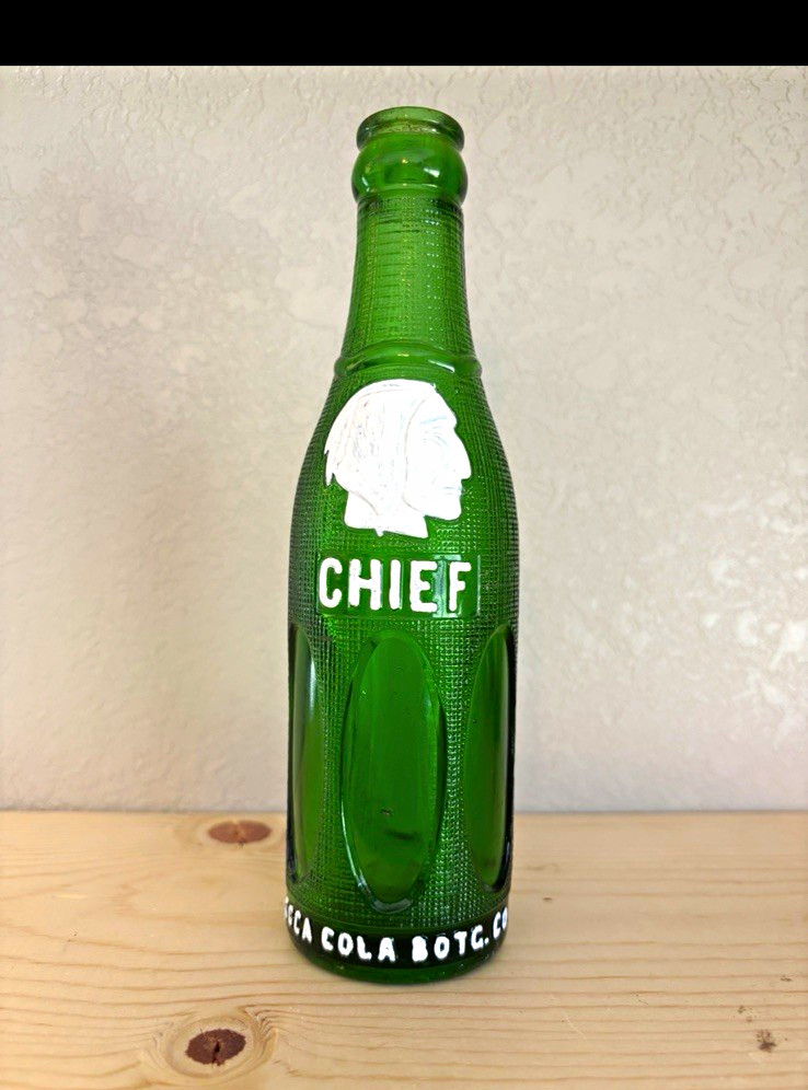 RARE VINTAGE GREEN ART DECO STARKVILLE MISS CHIEF INDIAN PICTURE SODA BOTTLE BIG