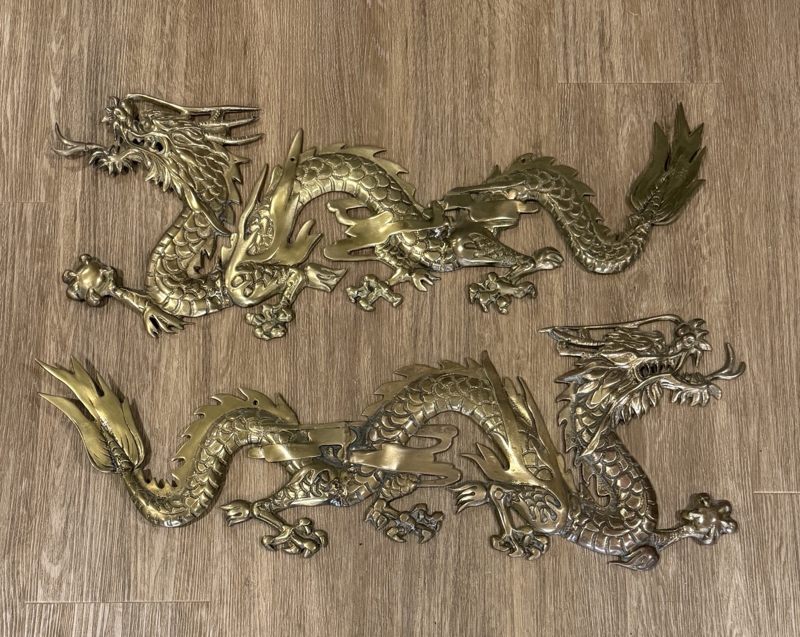 MCM Pair Dragon Brass Wall Hanging Figures 31” x 12” Large
