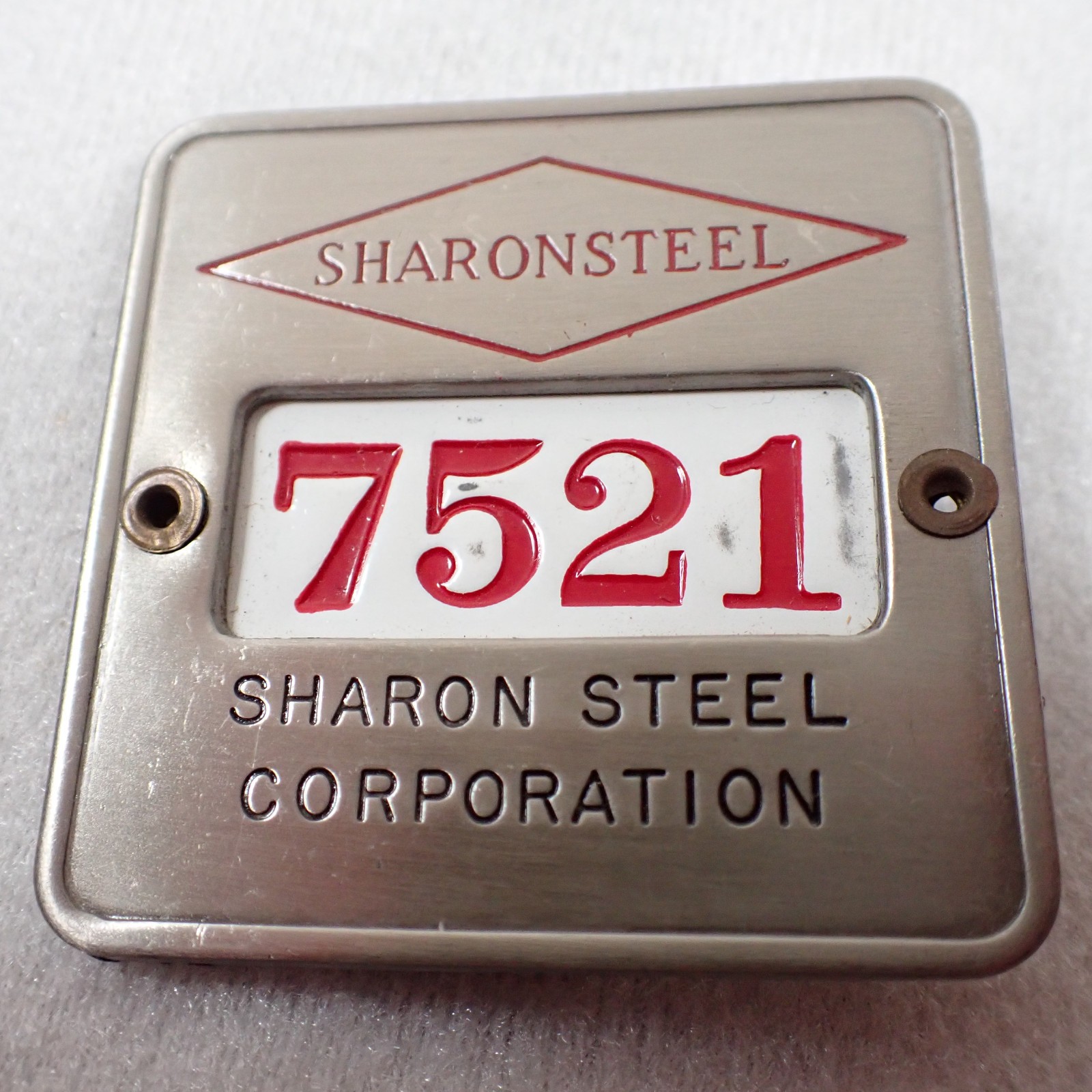 Vintage Sharon Steel Corp Employee Badge #7521 Metal ID Pin Steel Mill Sharon PA Vintage Sharon Steel Corp Employee Badge #7521 Metal ID Pin Steel Mill Sharon PA
