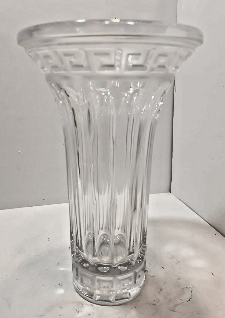 Vtg Stunning Design Guild Clear Cut Crystal Trumpet Vase w/Ancient Greek Motif Vtg Stunning Design Guild Clear Cut Crystal Trumpet Vase w/Ancient Greek Motif
