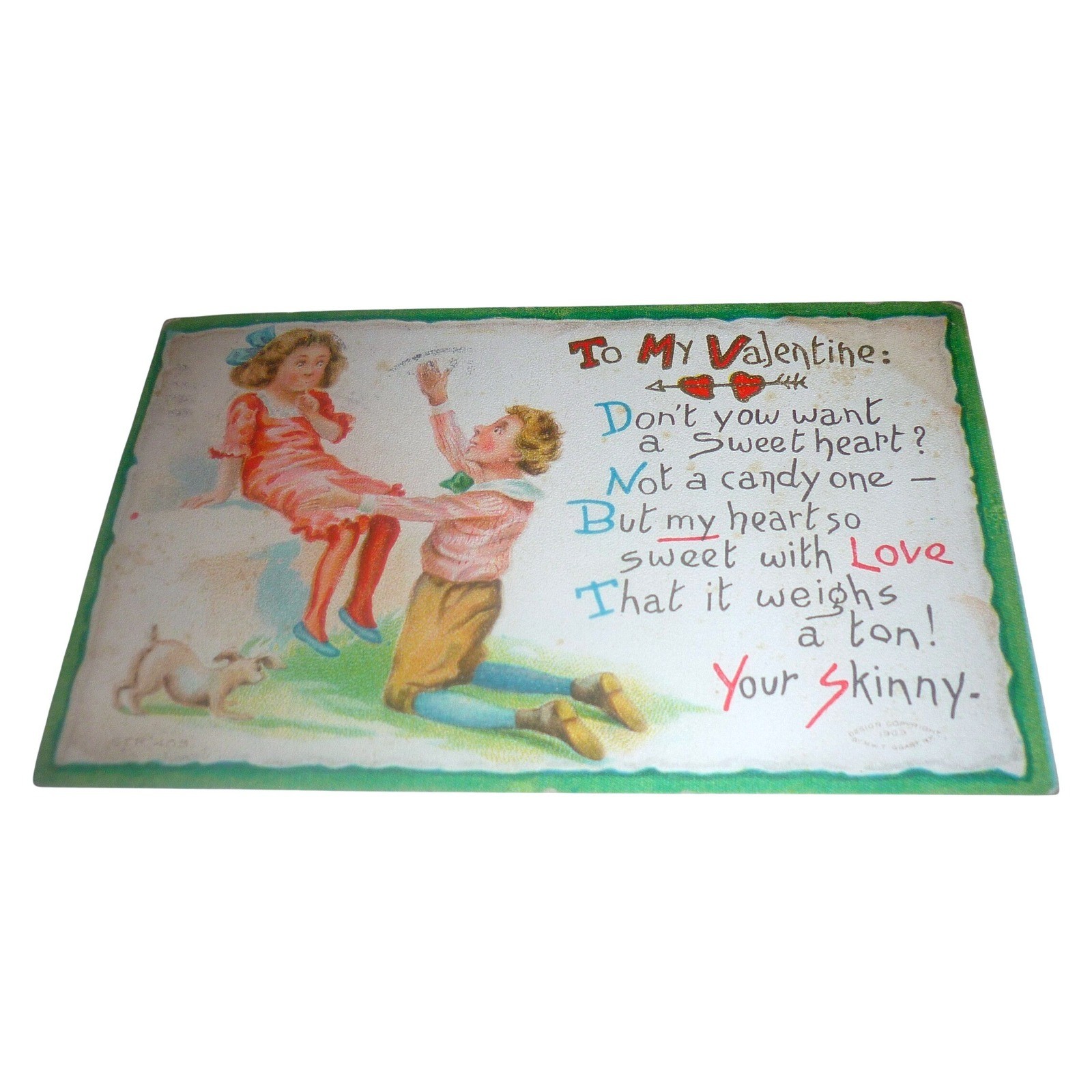 Vintage 1909 Valentine Postcard Your Skinny Boy Girl Dog Portland PA 1915 Stamp Vintage 1909 Valentine Postcard Your Skinny Boy Girl Dog Portland PA 1915 Stamp