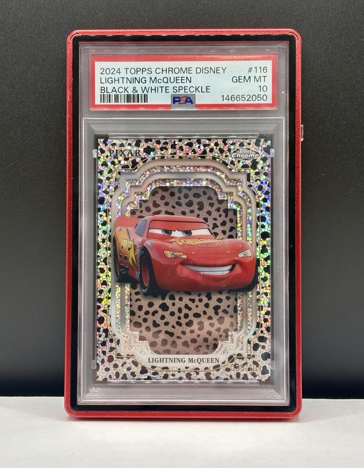 2024 Topps Chrome Disney Lightning McQueen Refractor B&W Speckle #/101 PSA 10 2024 Topps Chrome Disney Lightning McQueen Refractor B&W Speckle #/101 PSA 10