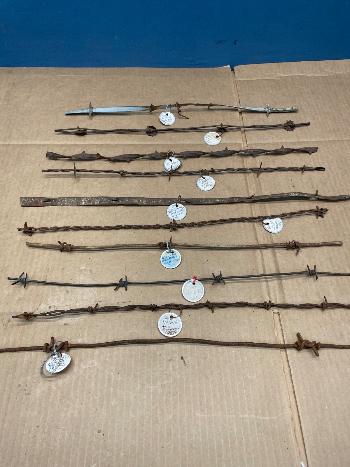 10 Vintage Antique Barbed Wire Samples Labeled With Date and Makers Name 1800's
