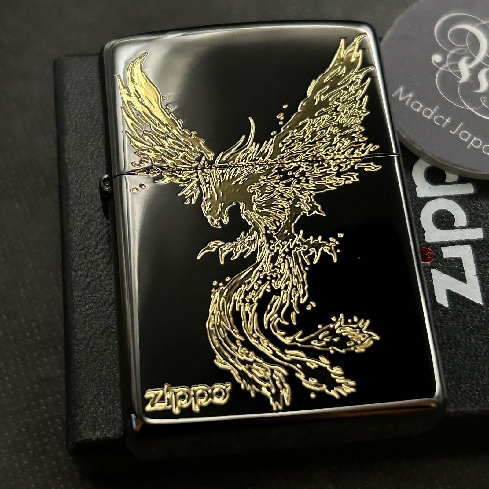 ZIPPO Lighter Phoenix Black Gold Japanese Pattern Black Nickel Gold Regular Case ZIPPO Lighter Phoenix Black Gold Japanese Pattern Black Nickel Gold Regular Case