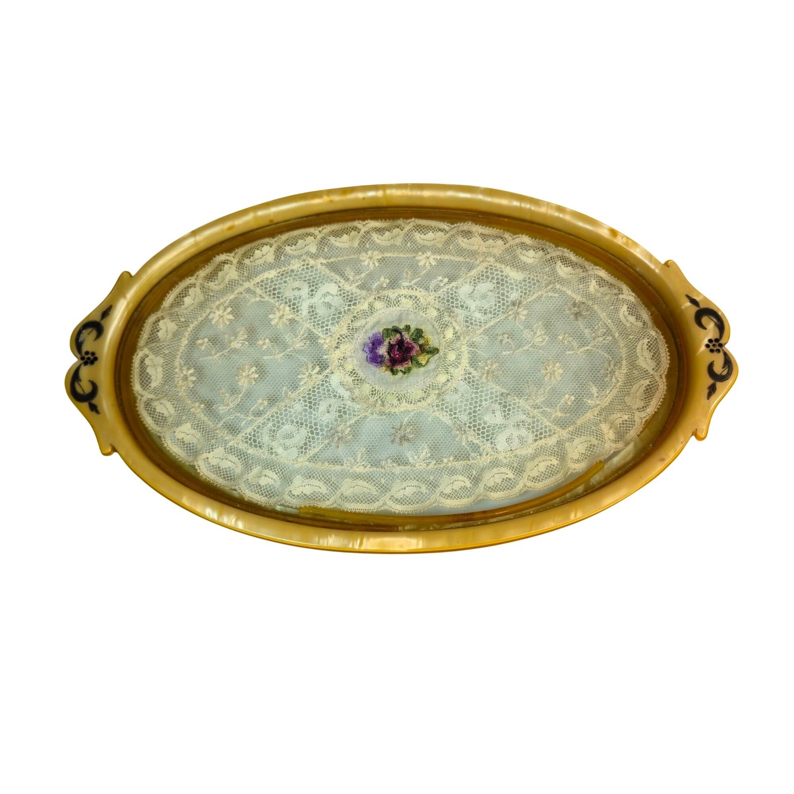 Antique Victorian Celluloid Vanity Tray Floral Lace Inlay Oval Perfume Holder Antique Victorian Celluloid Vanity Tray Floral Lace Inlay Oval Perfume Holder