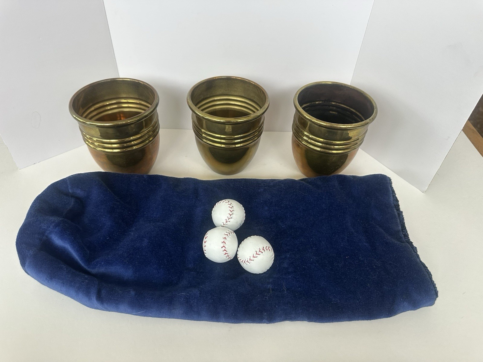 Vintage Solid Brass Cups and Balls Magic Trick Set with Stealth Cup & Velvet Bag