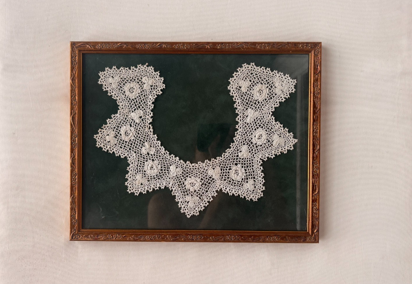 Vintage framed Irish crochet lace collar, Edwardian era art piece, gold frame Vintage framed Irish crochet lace collar, Edwardian era art piece, gold frame