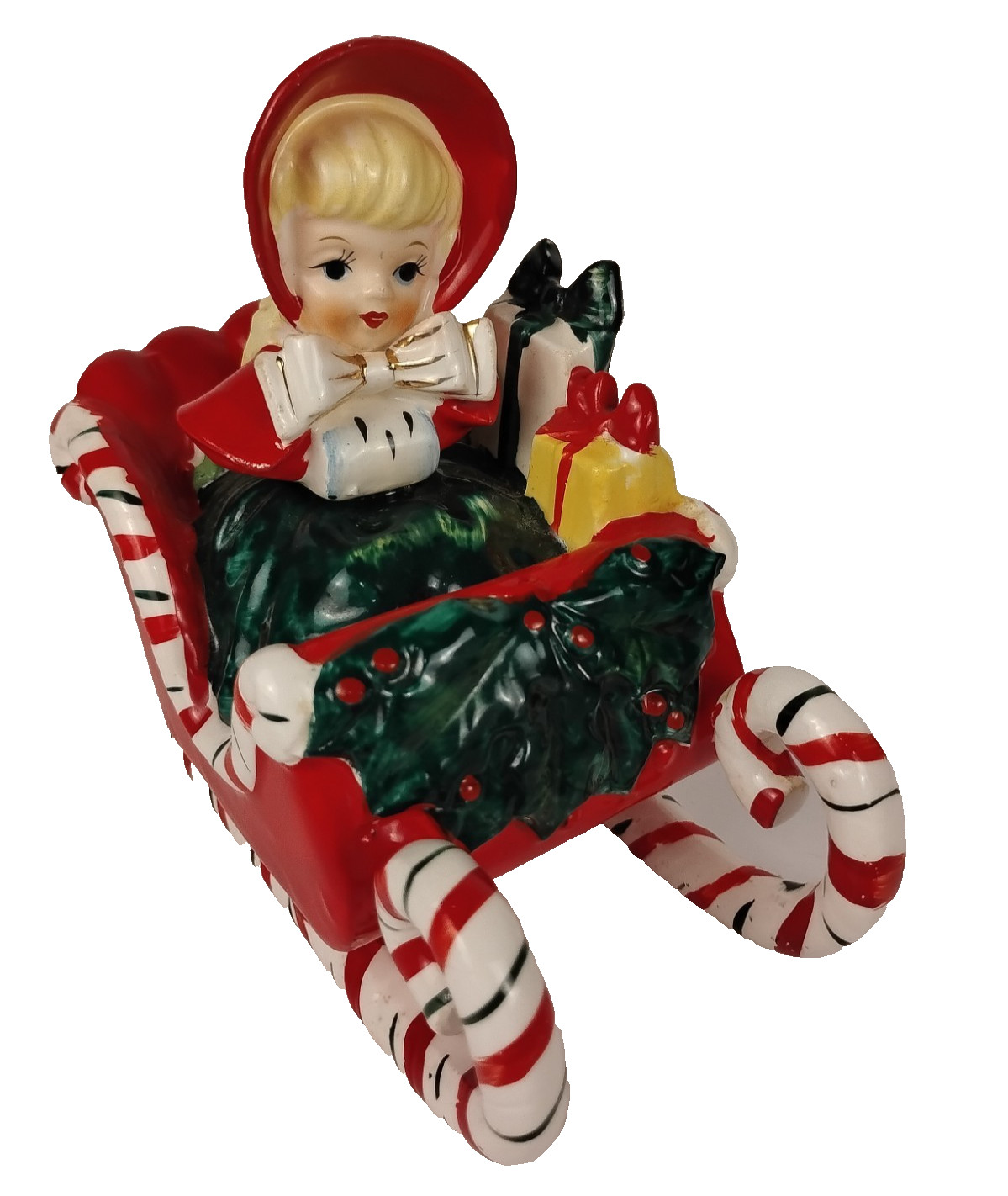 Vintage 1956 Lefton Christmas Girl Candy Cane Sleigh Figurine Japan Signed Vintage 1956 Lefton Christmas Girl Candy Cane Sleigh Figurine Japan Signed