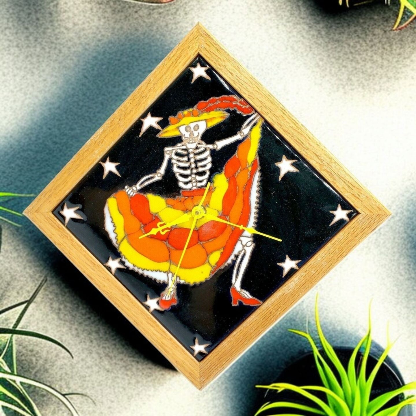 Talavera Mexican Tile Dancing Skeleton Clock Day Of The Dead Decor Wooden Frame Talavera Mexican Tile Dancing Skeleton Clock Day Of The Dead Decor Wooden Frame