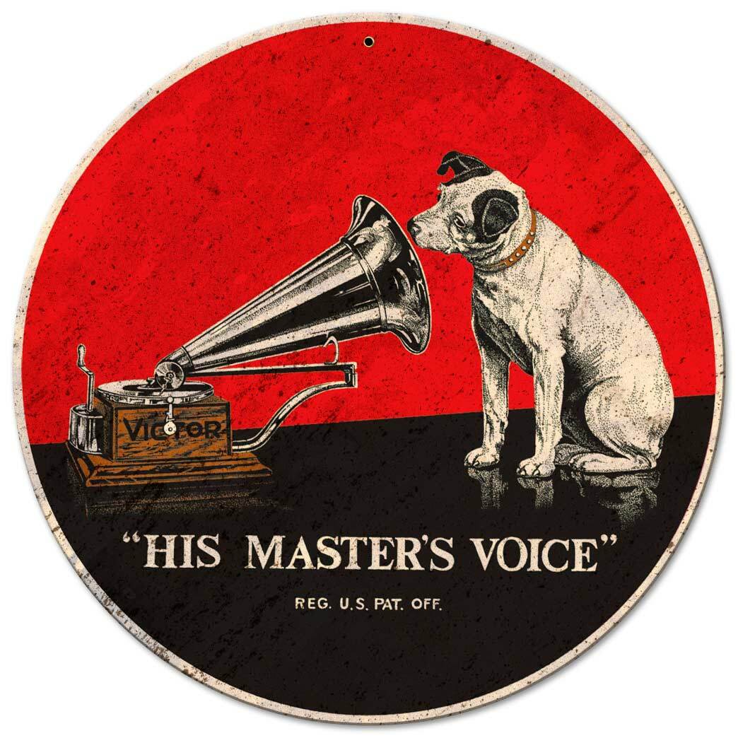RCA VICTOR PLAYER NIPPER THE DOG HEAVY DUTY USA MADE 14" ROUND METAL ADV SIGN