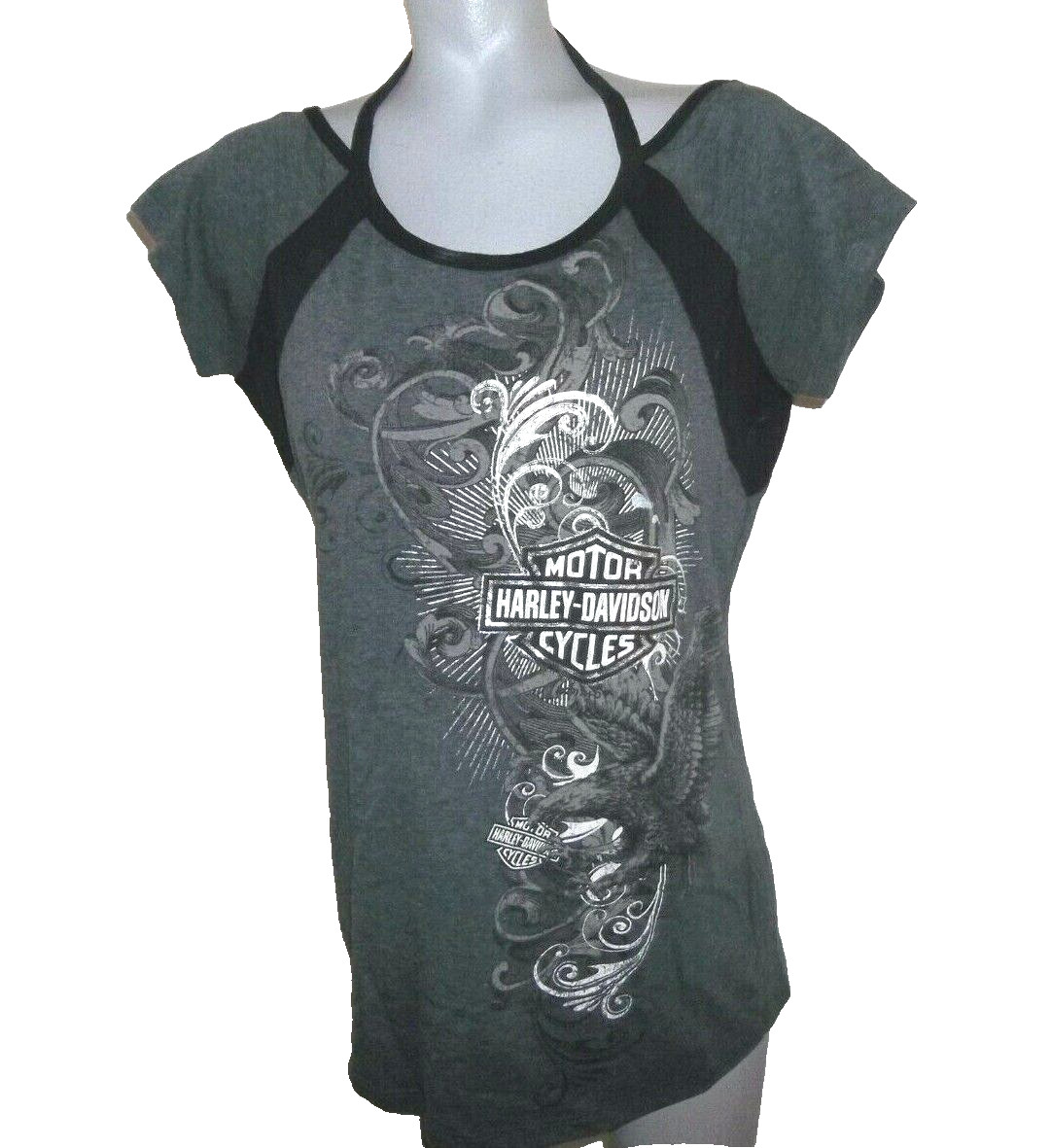 HARLEY-DAVIDSON Women's Charcoal & Black Tee, B&S & Eagle Graphics, Size Large