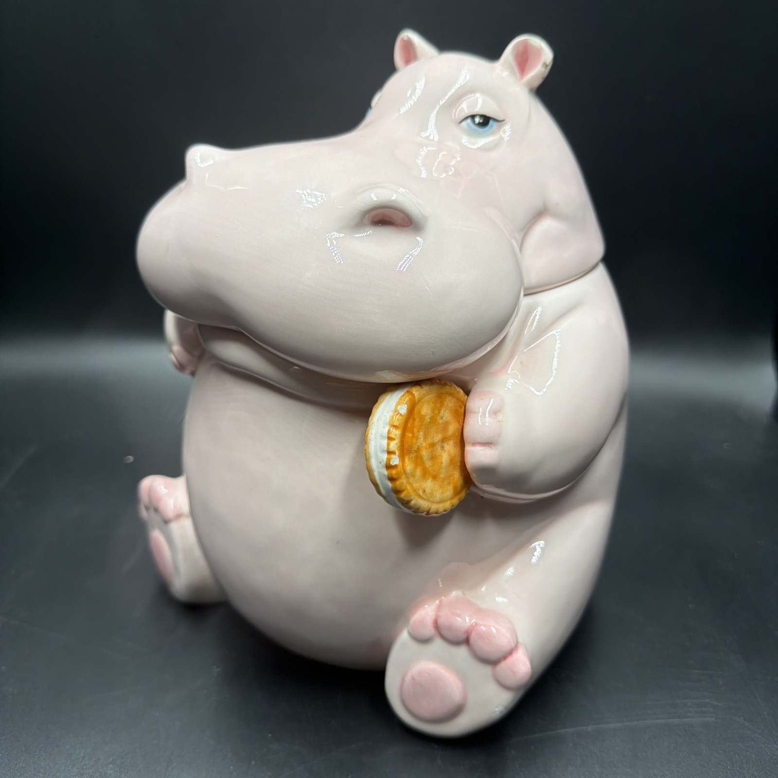 Vintage Fitz And Floyd Pink Ceramic Hippo Cookie Jar Excellent Condition 1980