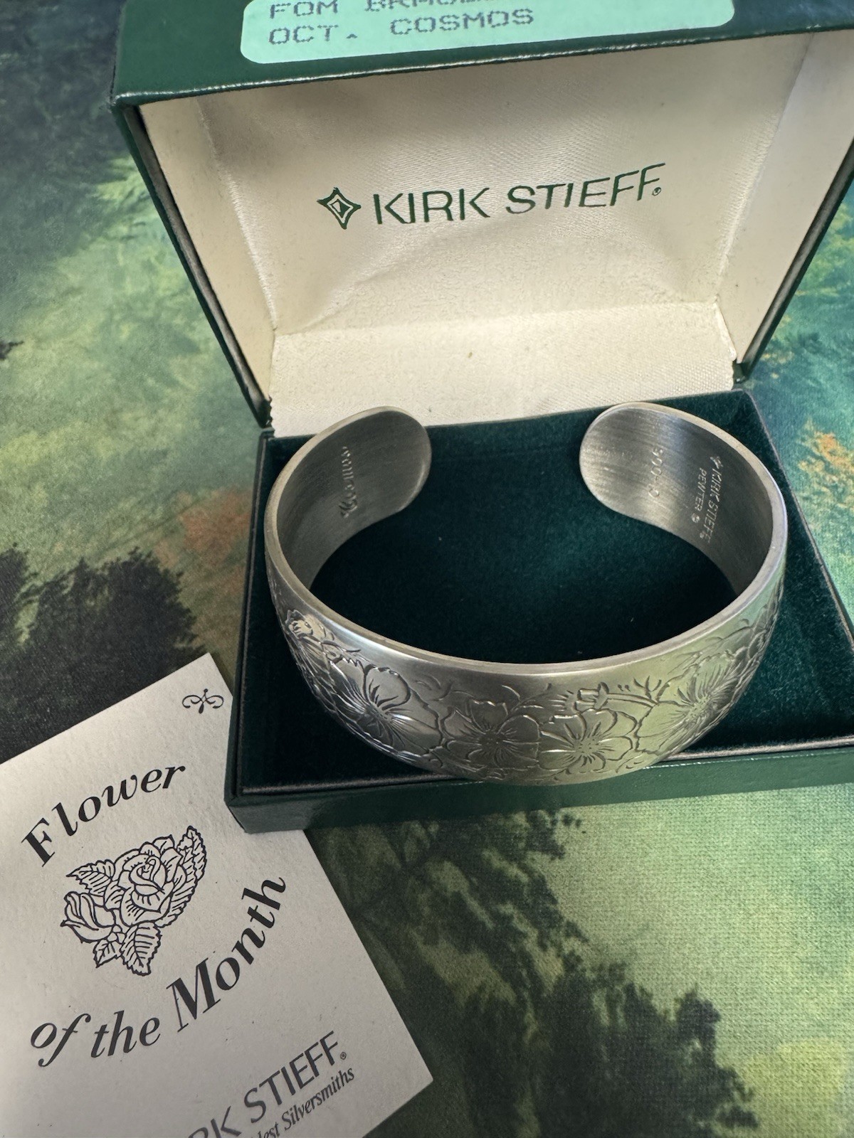 KIRK-STIEFF OCTOBER SOLID PEWTER BRACELET- 1" CUFF-ENGRAVED 'COSMOS' -NO.#900-10