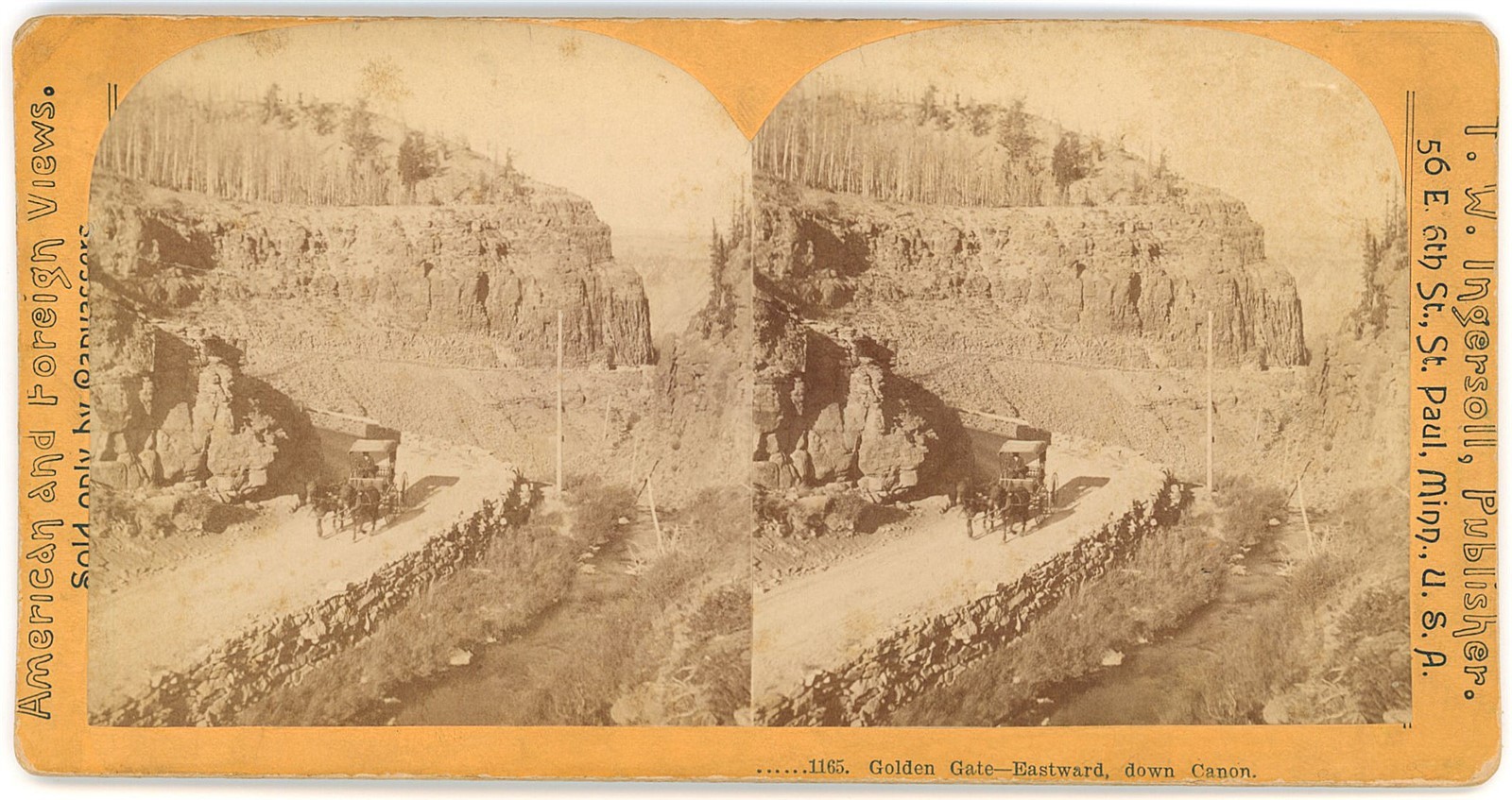 YELLOWSTONE STEREOVIEW - Golden Gate Canyon & Carriage - TW Ingersoll 1890s YELLOWSTONE STEREOVIEW - Golden Gate Canyon & Carriage - TW Ingersoll 1890s