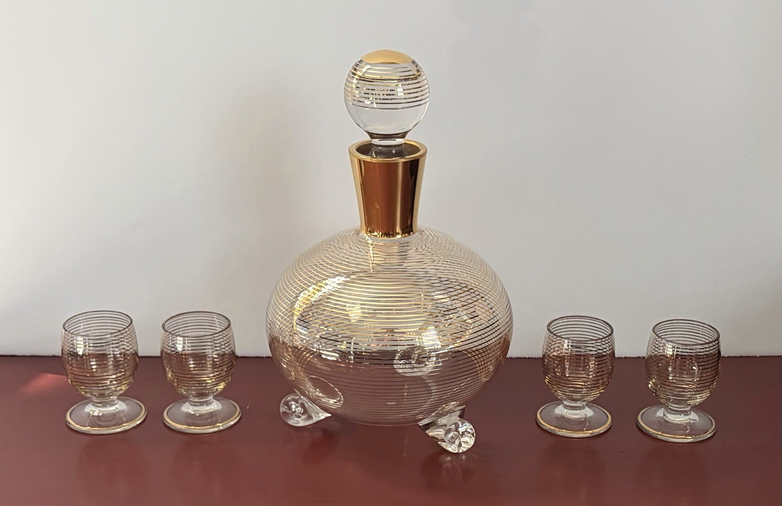 Stunning 1930s Art Deco Glass Decanter Set 4 Cordial Glasses Gebruder Podbira Stunning 1930s Art Deco Glass Decanter Set 4 Cordial Glasses Gebruder Podbira