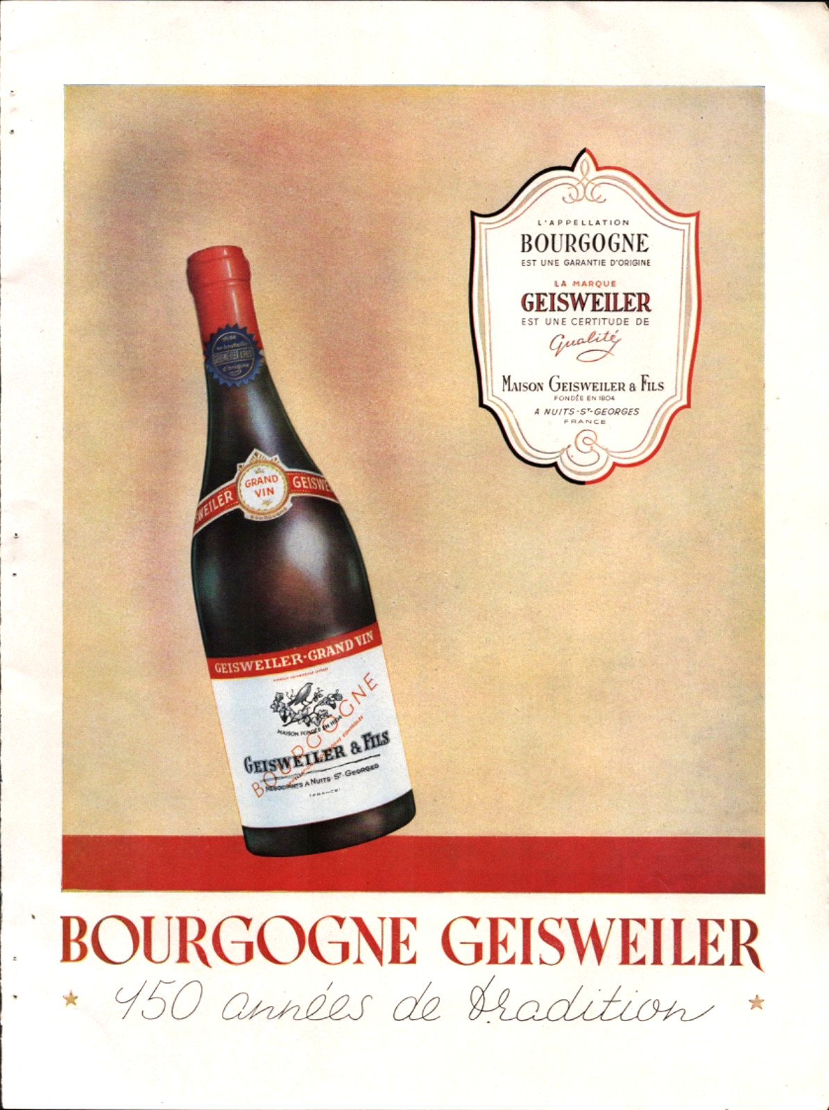 1949 BOURGOGNE GEISWEILER vintage 11x15 magazine advertisement FRENCH WINE CO. 1949 BOURGOGNE GEISWEILER vintage 11x15 magazine advertisement FRENCH WINE CO.