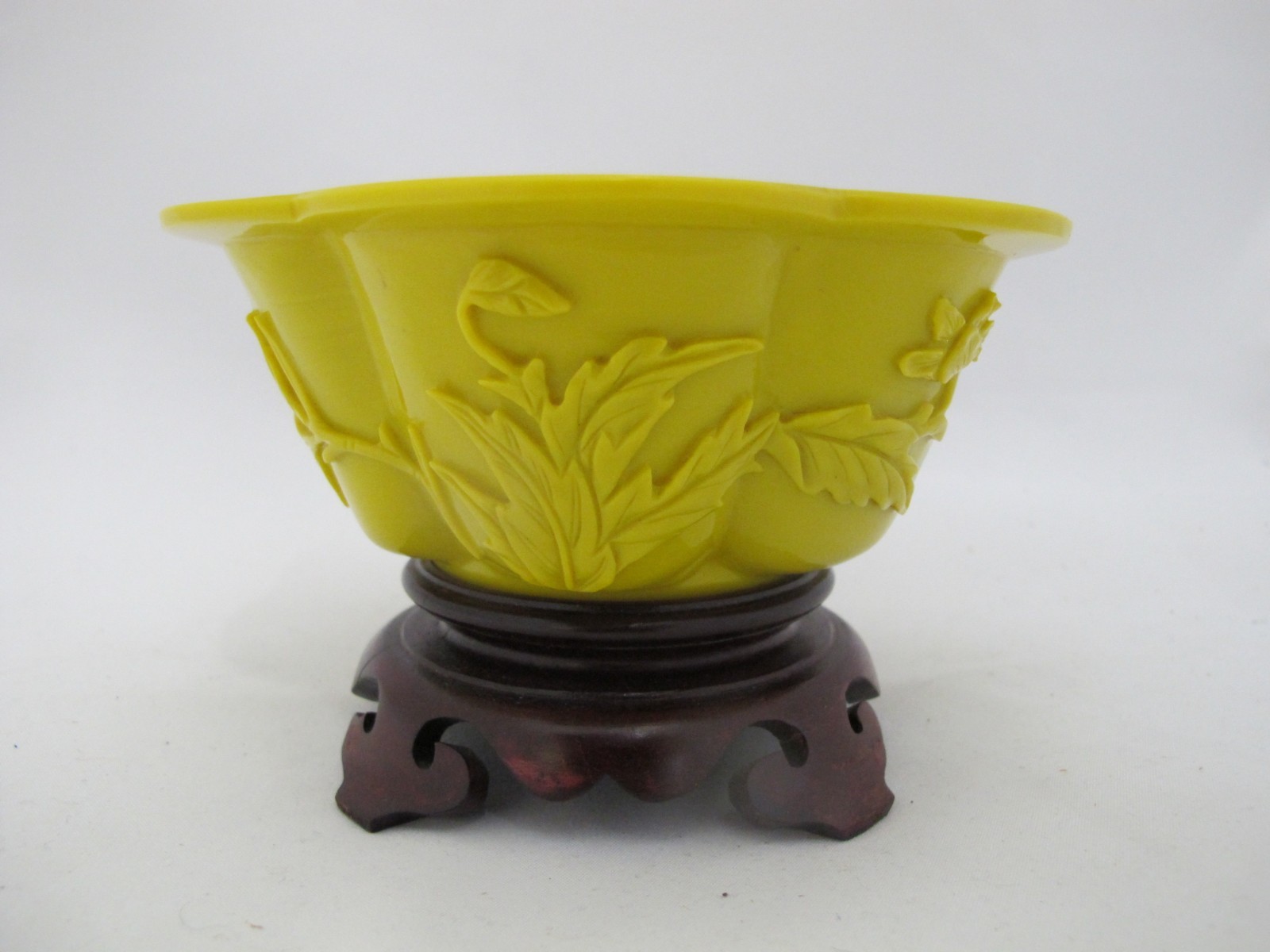 CHINESE Imperial Yellow PEKING Glass Foliate Lotus Bowl with Carved Wood Stand