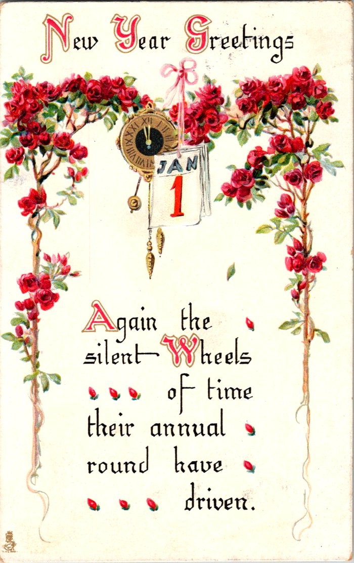 Vintage 1913 Tuck's New Year Greetings Postcard Red Roses Clock