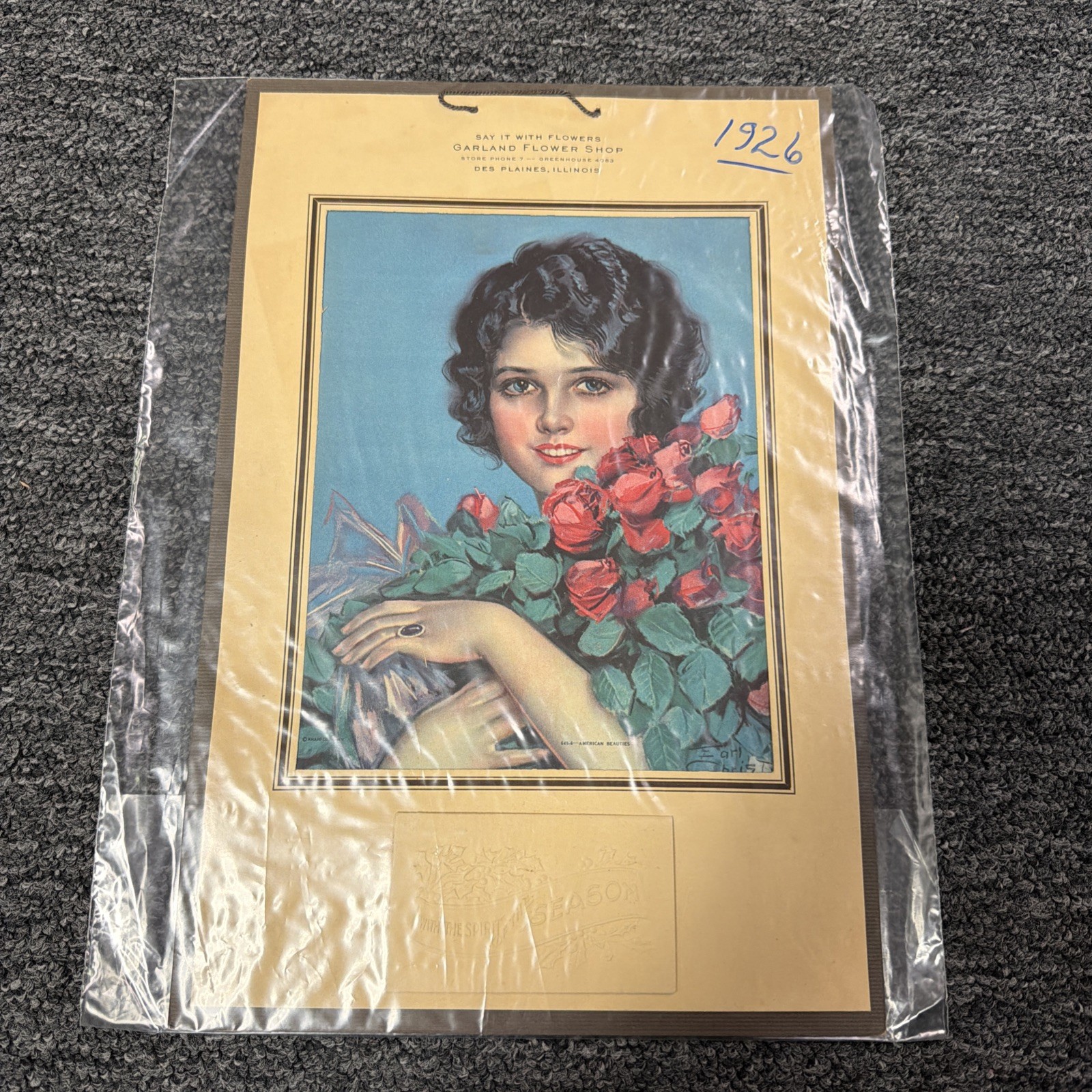 1926 Lady With Flowers Painting NEW Package Wall Hanging 15’X10’ Antique Advert