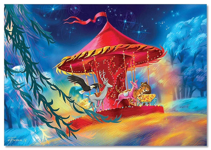 Funny Animals on the carousel Happy childhood ART Sytaya Russia NEW Postcard
