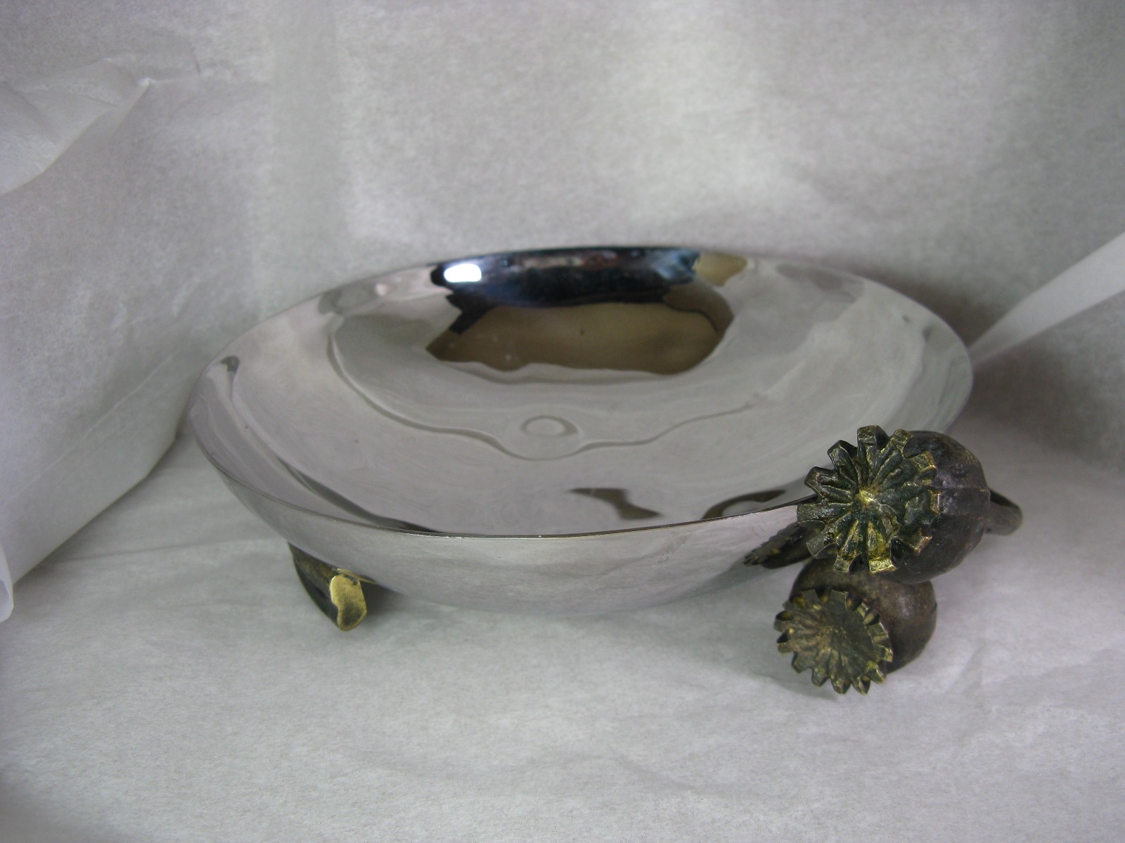Michael Aram Poppy Whistle Nut Bowl Polished Metal Silver Bronze Pedestal Signed