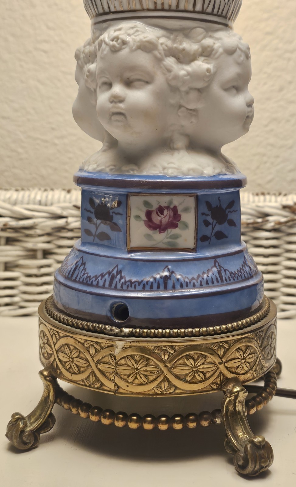 Gorgeous 1800's French Sevres Style Porcelain Urn Lamp With Three Cherub Heads