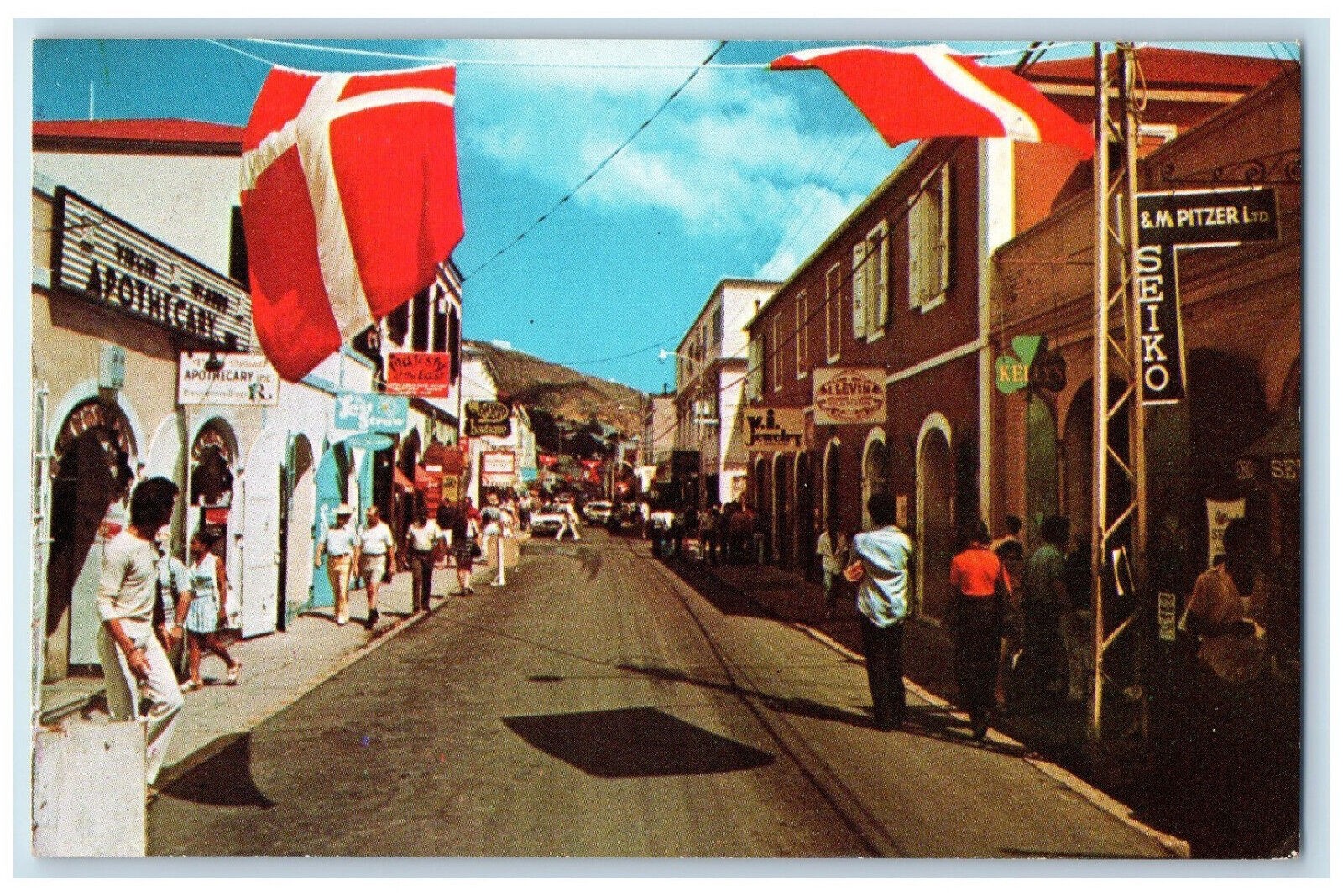 c1950's Apothecary Seiko Main Street Charlotte Amalie St Thomas US VI Postcard c1950's Apothecary Seiko Main Street Charlotte Amalie St Thomas US VI Postcard
