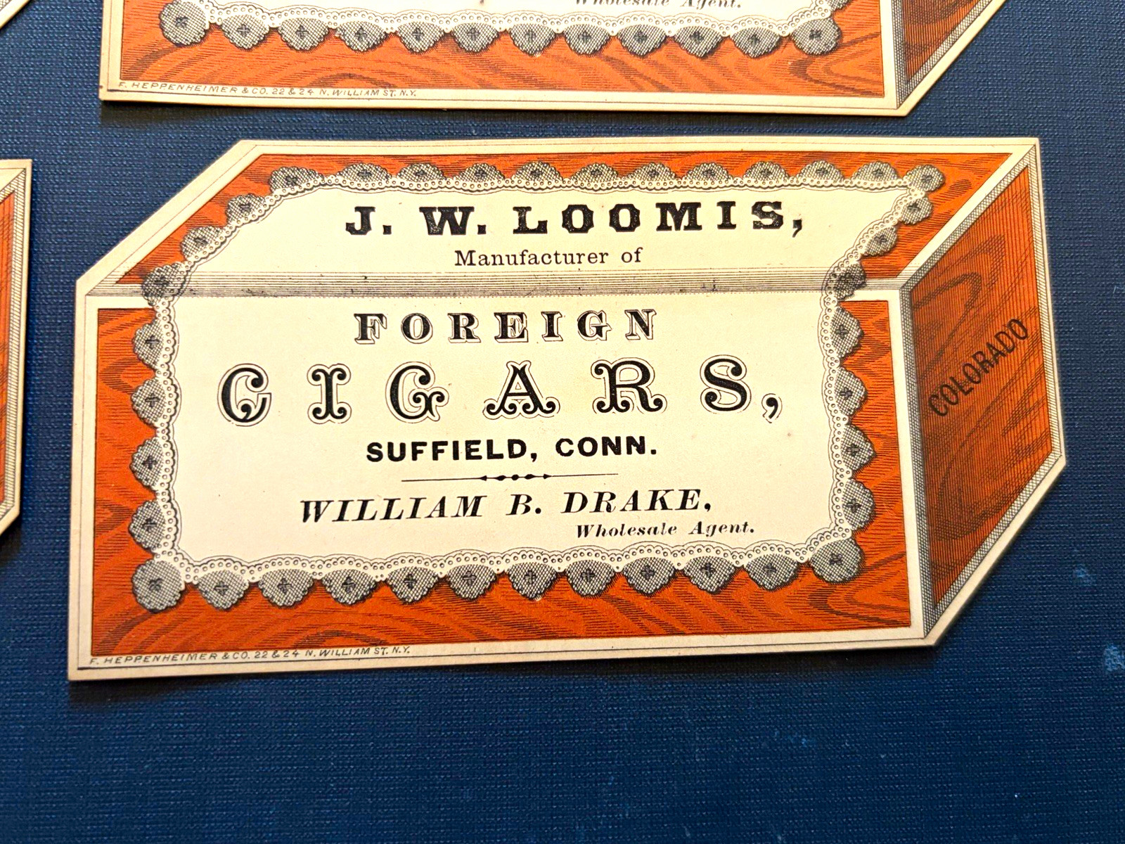 Lot 6 1880s J.W. Loomis Cigars Trade Cards Trompe l'Oeil Cigar Box Heppenheimer Lot 6 1880s J.W. Loomis Cigars Trade Cards Trompe l'Oeil Cigar Box Heppenheimer