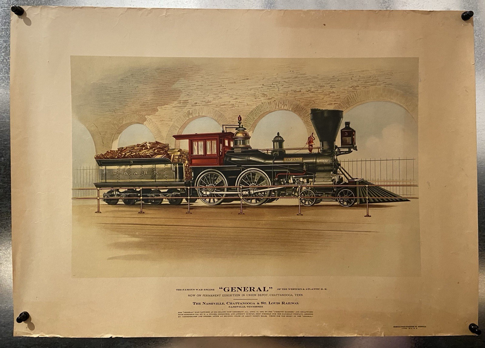 "THE GENERAL" THE FAMOUS WAR ENGINE LOCOMOTIVE TRAIN Civil War Vintage Litho