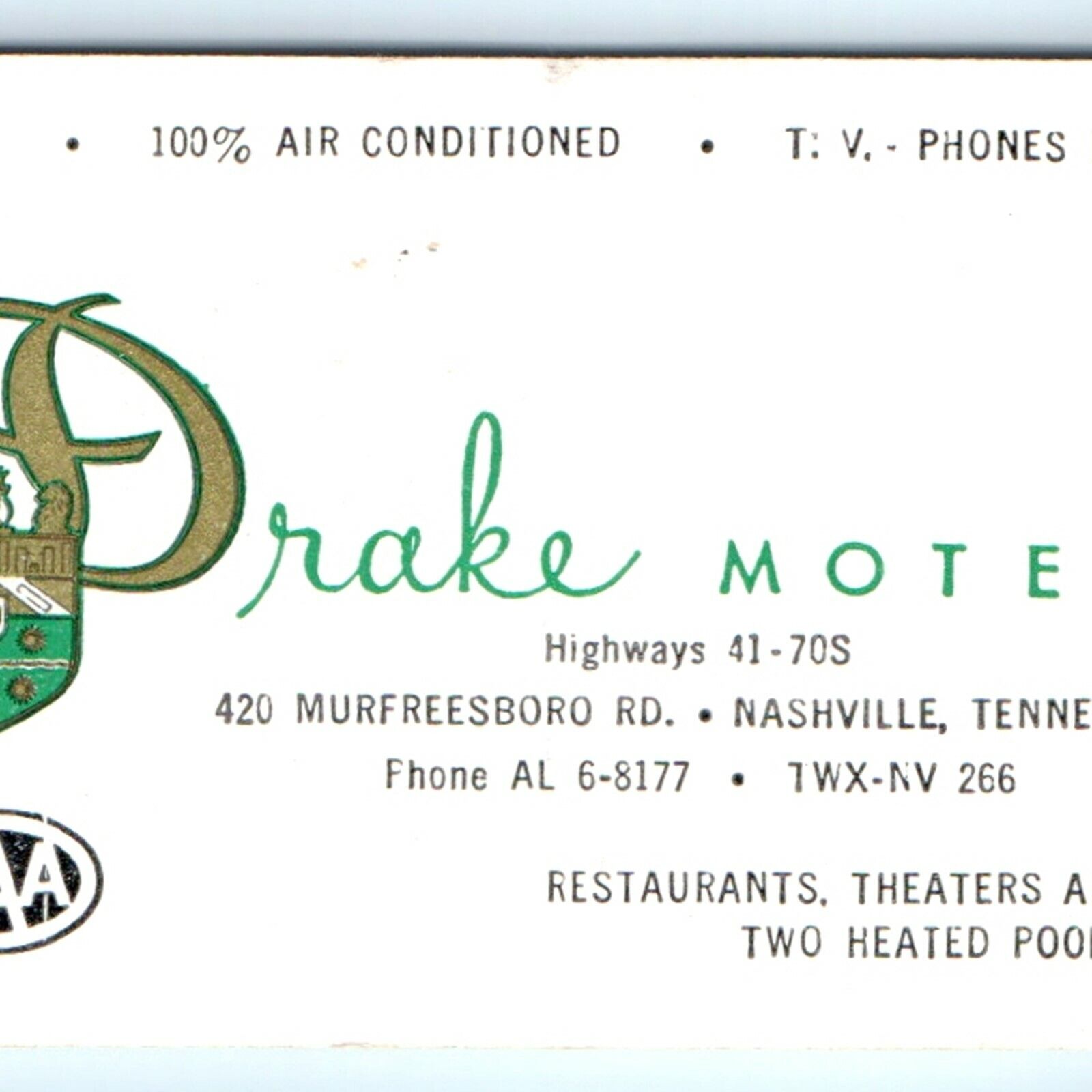 1960 Nashville, TN Drake Motel Business Card Calendar - 420 Murfreesboro Rd. C25