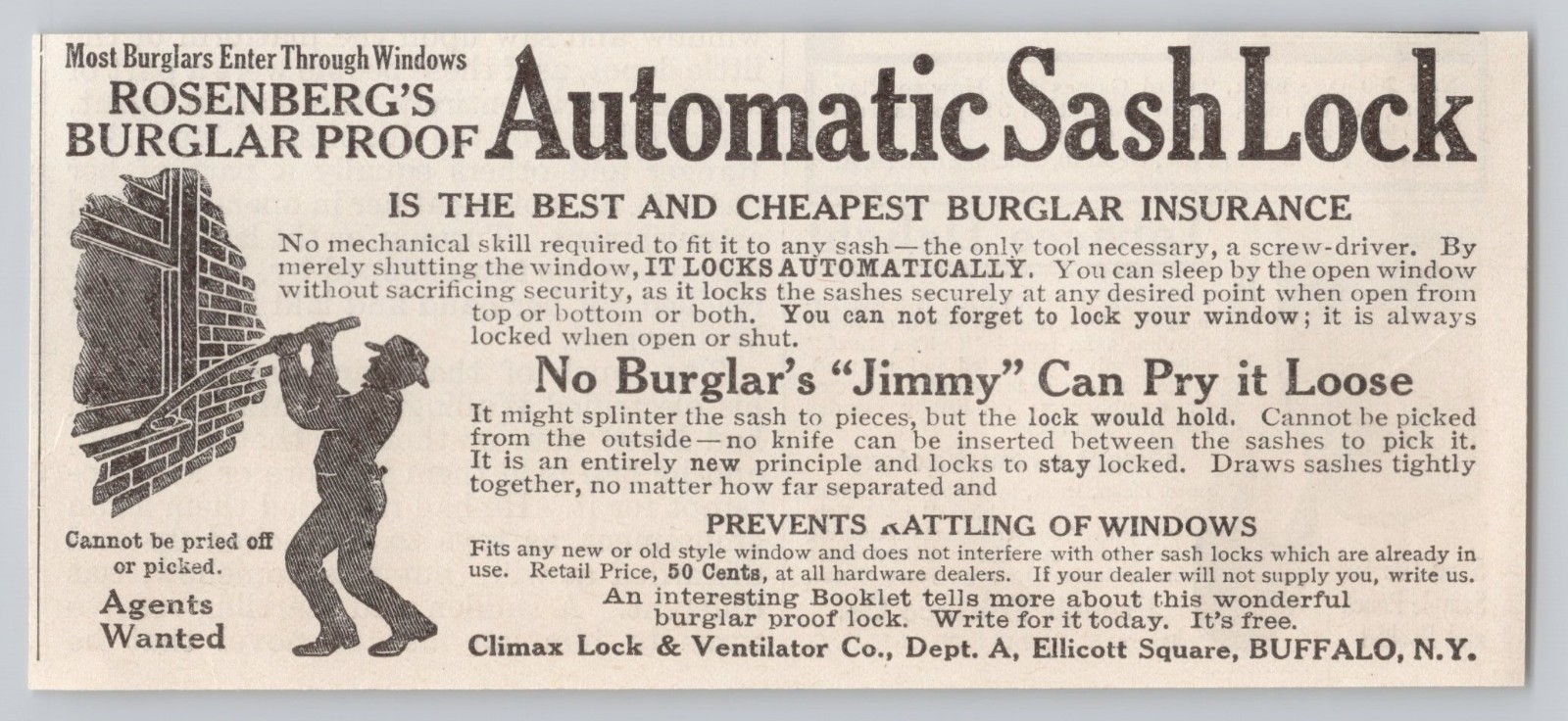 c.1909 Antique Print Ad Rosenberg's Burglar Proof Automatic Window Sash Lock
